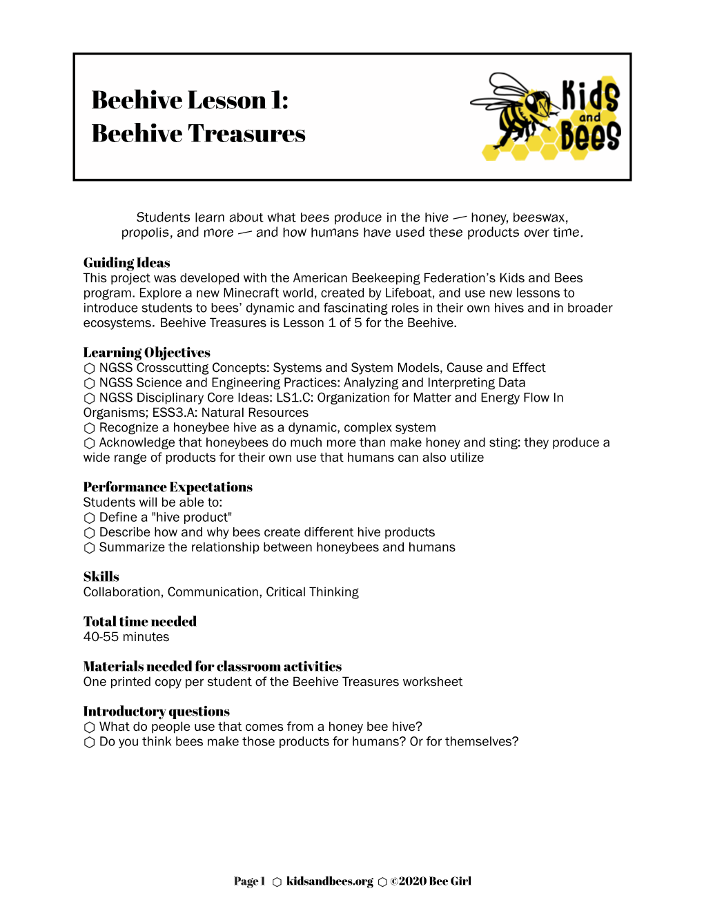 Beehive Lesson 1: Beehive Treasures