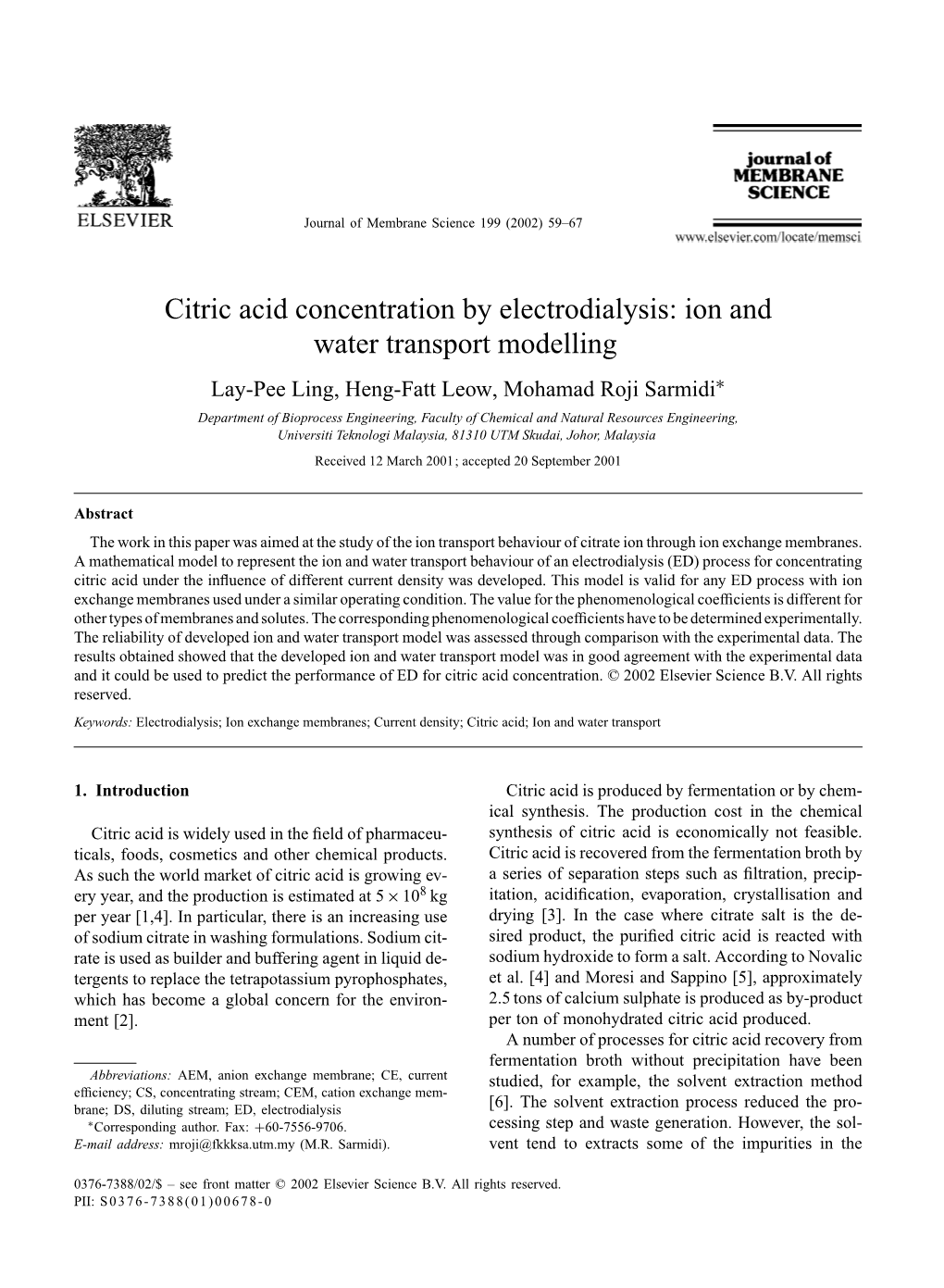 Citric Acid Concentration by Electrodialysis: Ion and Water Transport Modelling