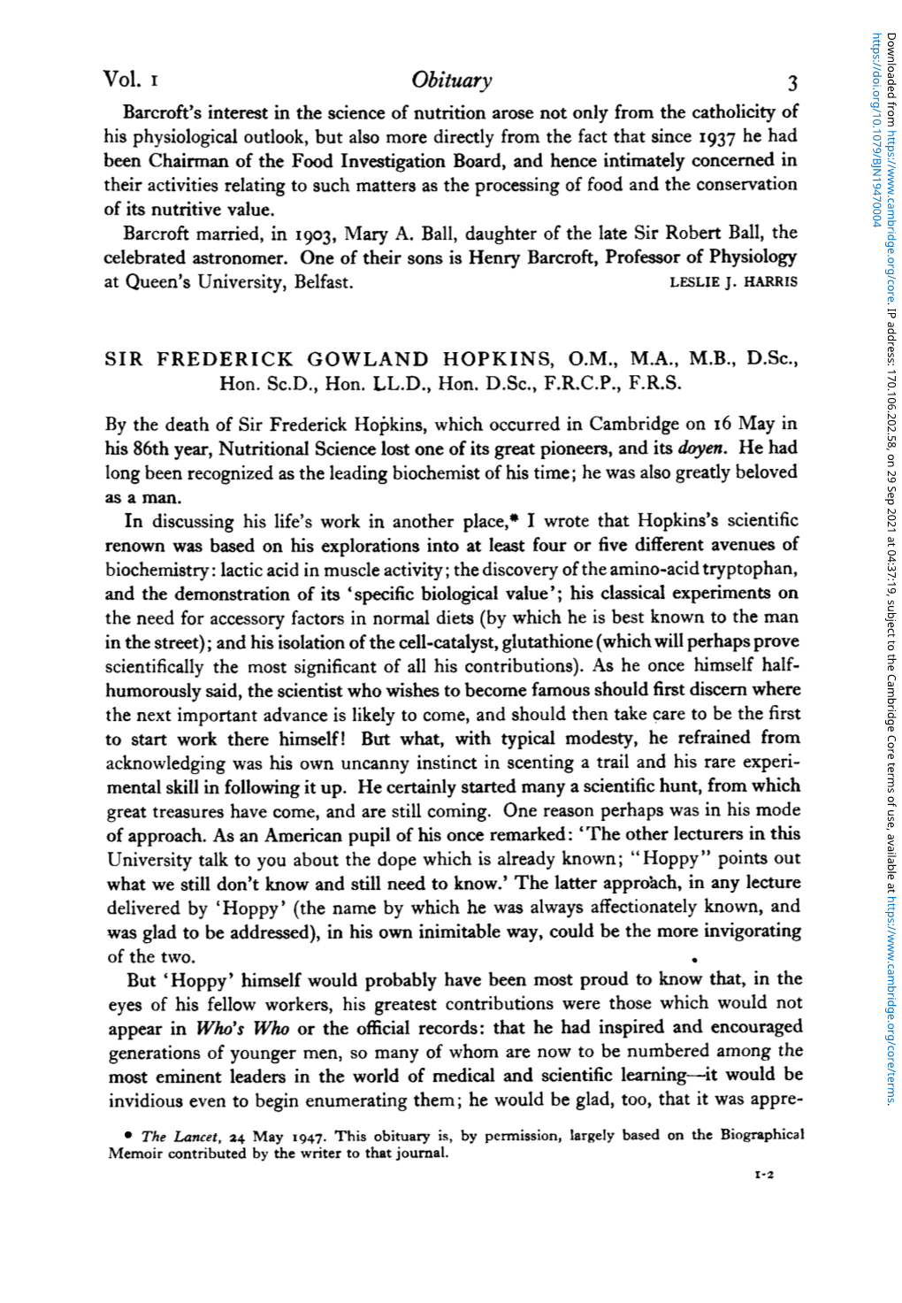 Sir Frederick Gowland Hopkins O.M., M.A., M.B., D.Sc., Hon. Sc.D., Hon. LL.D., Hon. D.Sc., F.R.C.P., F.R.S