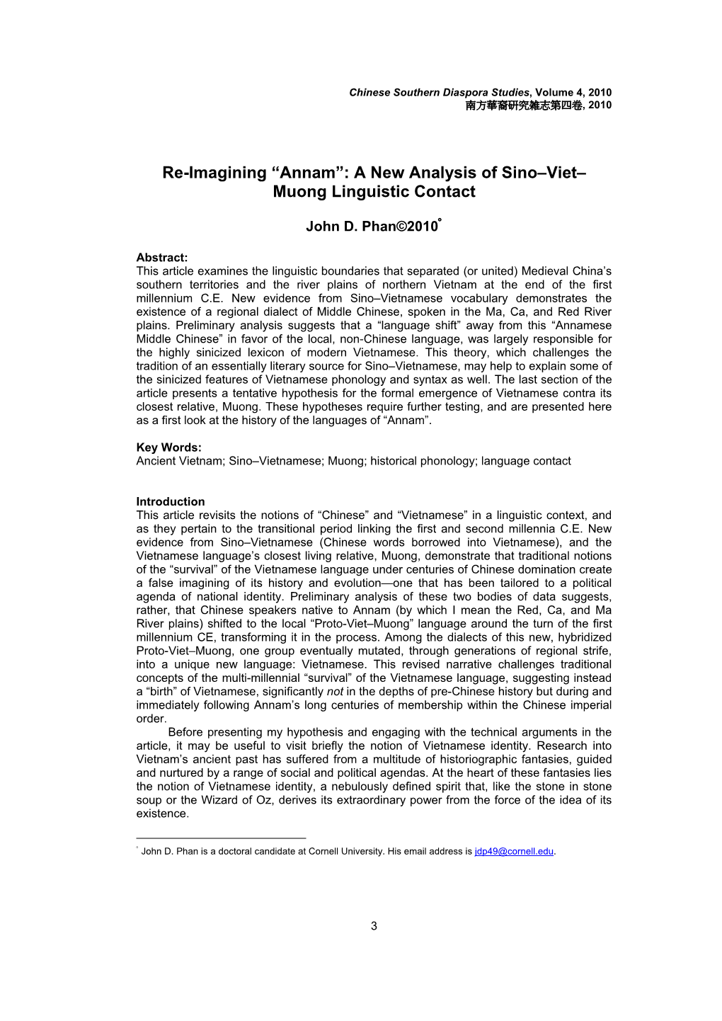 Re-Imagining “Annam”: a New Analysis of Sino–Viet– Muong Linguistic Contact