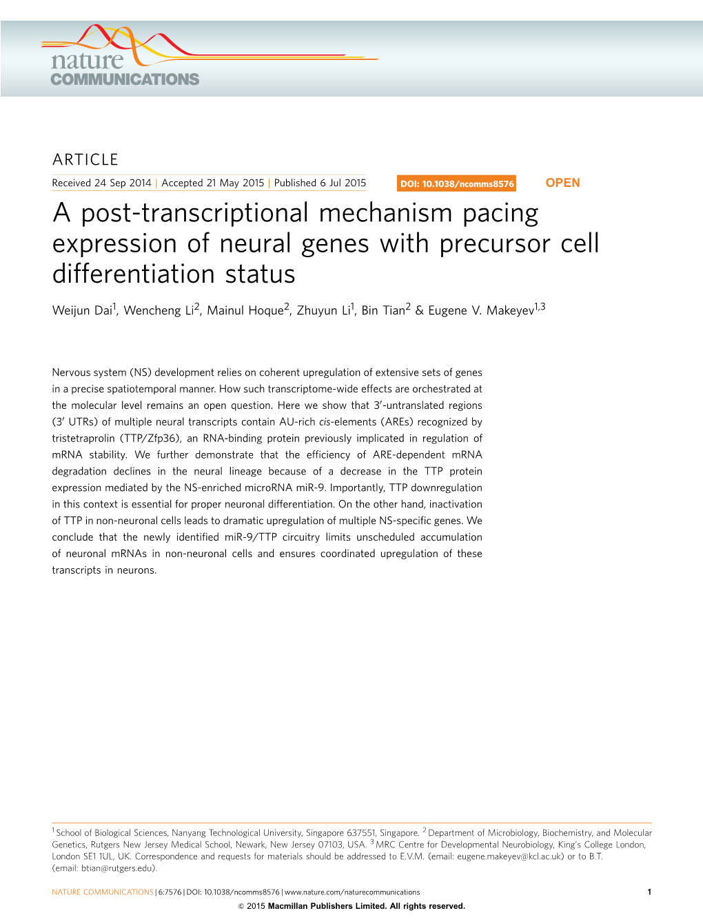 A Post-Transcriptional Mechanism Pacing Expression of Neural Genes with Precursor Cell Differentiation Status