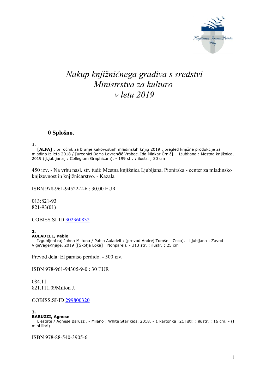 Nakup Knjižničnega Gradiva S Sredstvi Ministrstva Za Kulturo V Letu 2019