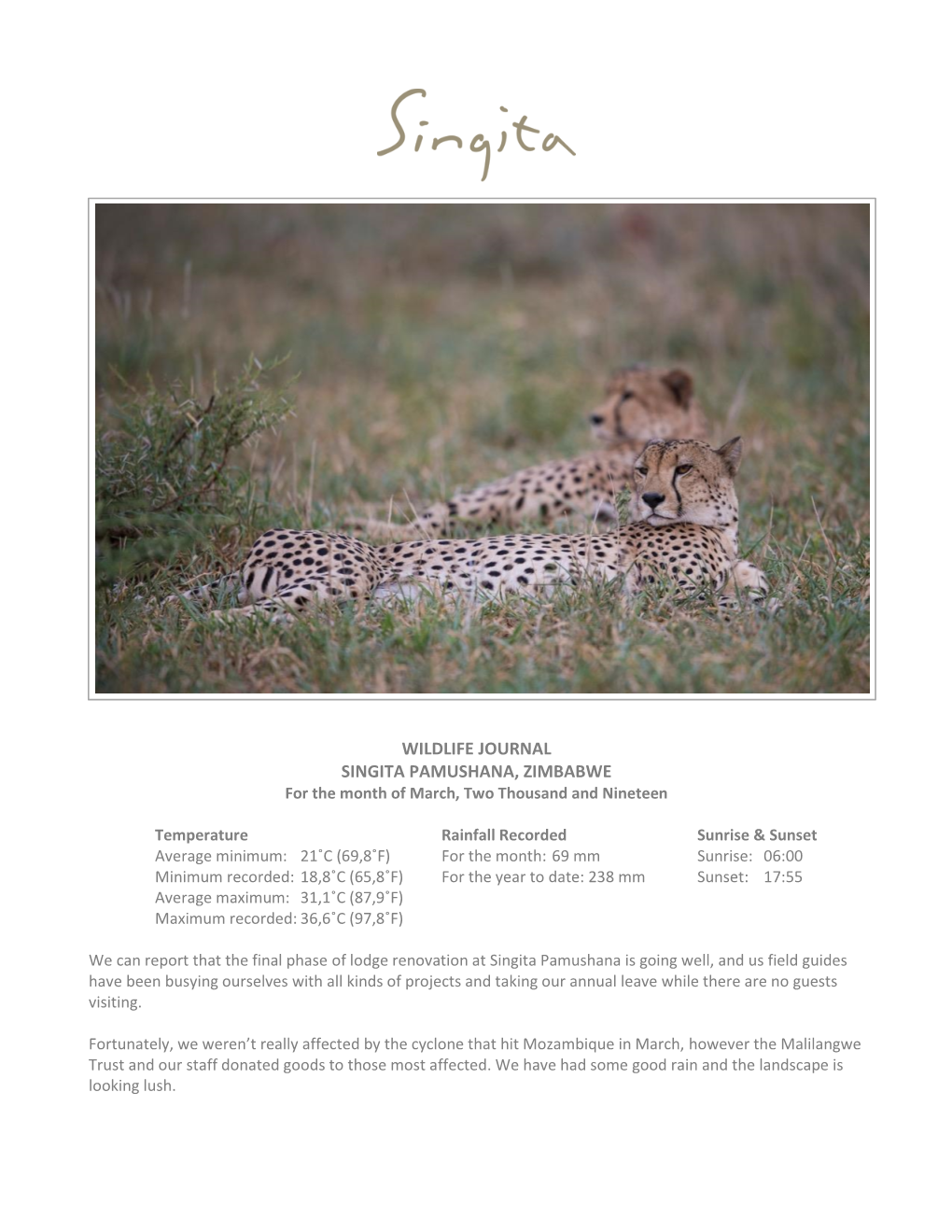 WILDLIFE JOURNAL SINGITA PAMUSHANA, ZIMBABWE for the Month of March, Two Thousand and Nineteen