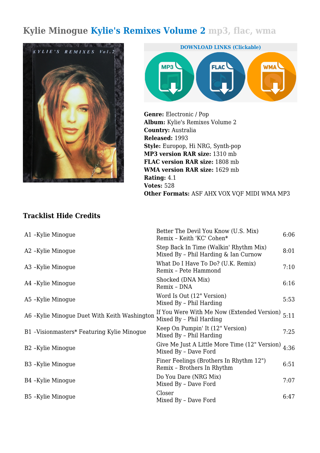 Kylie Minogue Kylie's Remixes Volume 2 Mp3, Flac, Wma