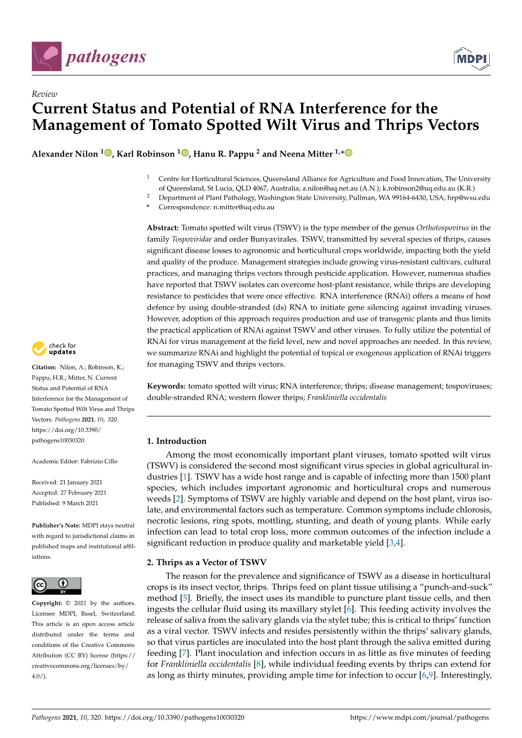 Current Status and Potential of RNA Interference for the Management of Tomato Spotted Wilt Virus and Thrips Vectors