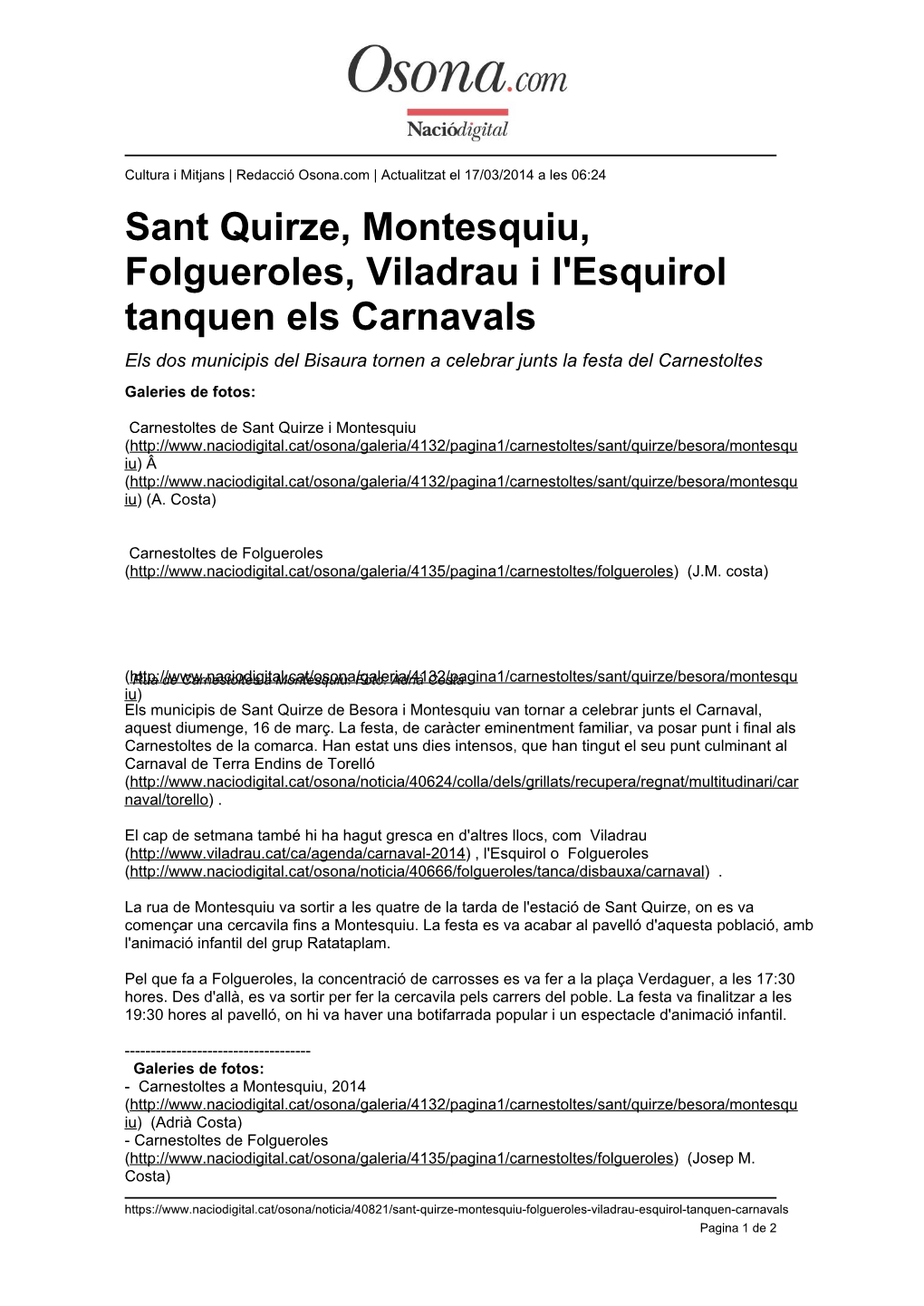 Sant Quirze, Montesquiu, Folgueroles, Viladrau I L'esquirol Tanquen Els Carnavals