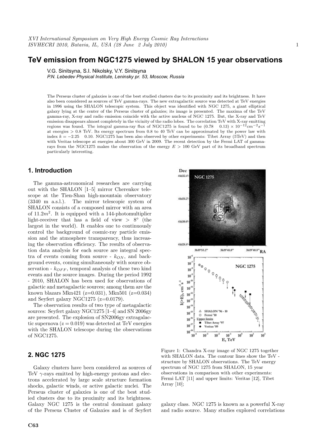 Tev Emission from NGC1275 Viewed by SHALON 15 Year Observations V.G