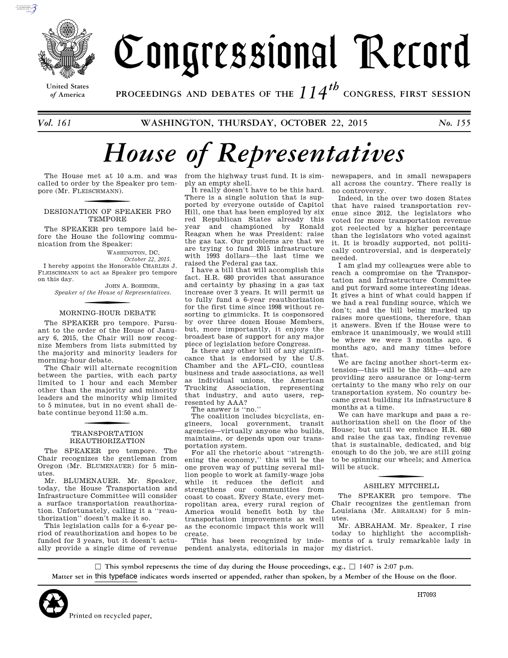 Congressional Record United States Th of America PROCEEDINGS and DEBATES of the 114 CONGRESS, FIRST SESSION