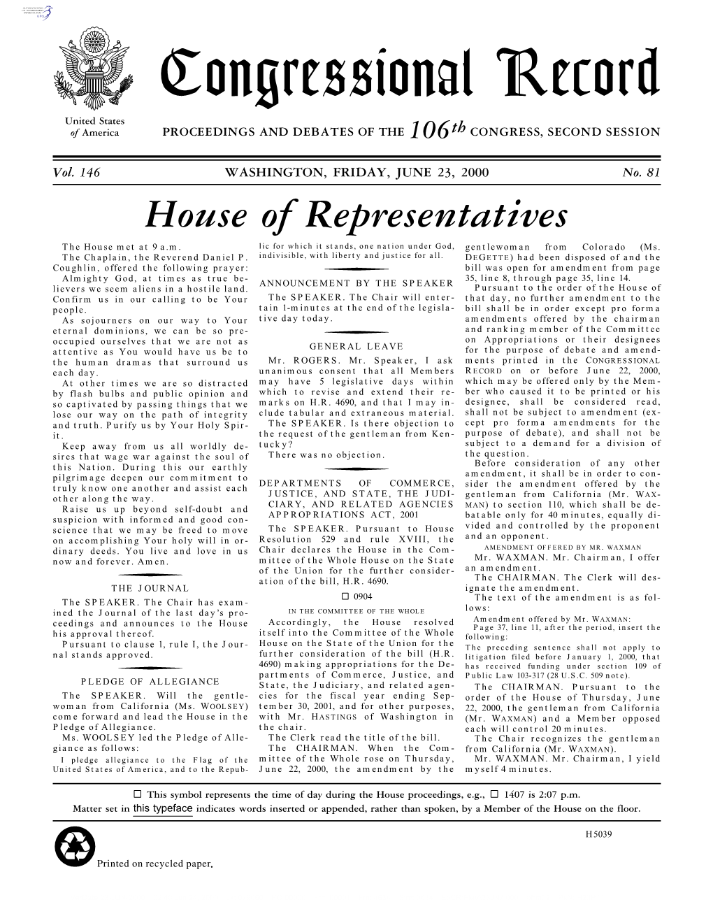 Congressional Record United States of America PROCEEDINGS and DEBATES of the 106Th CONGRESS, SECOND SESSION