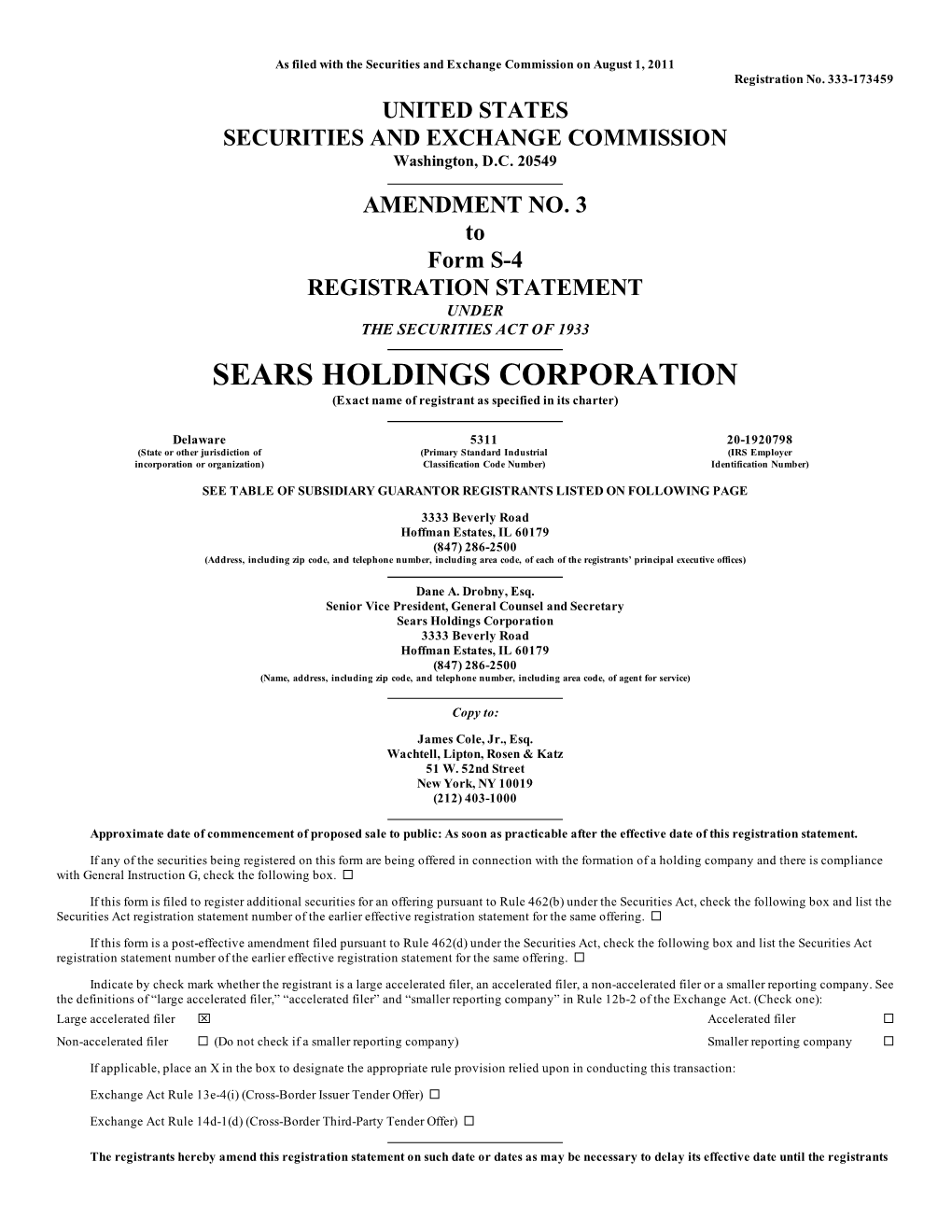 SEARS HOLDINGS CORPORATION (Exact Name of Registrant As Specified in Its Charter)
