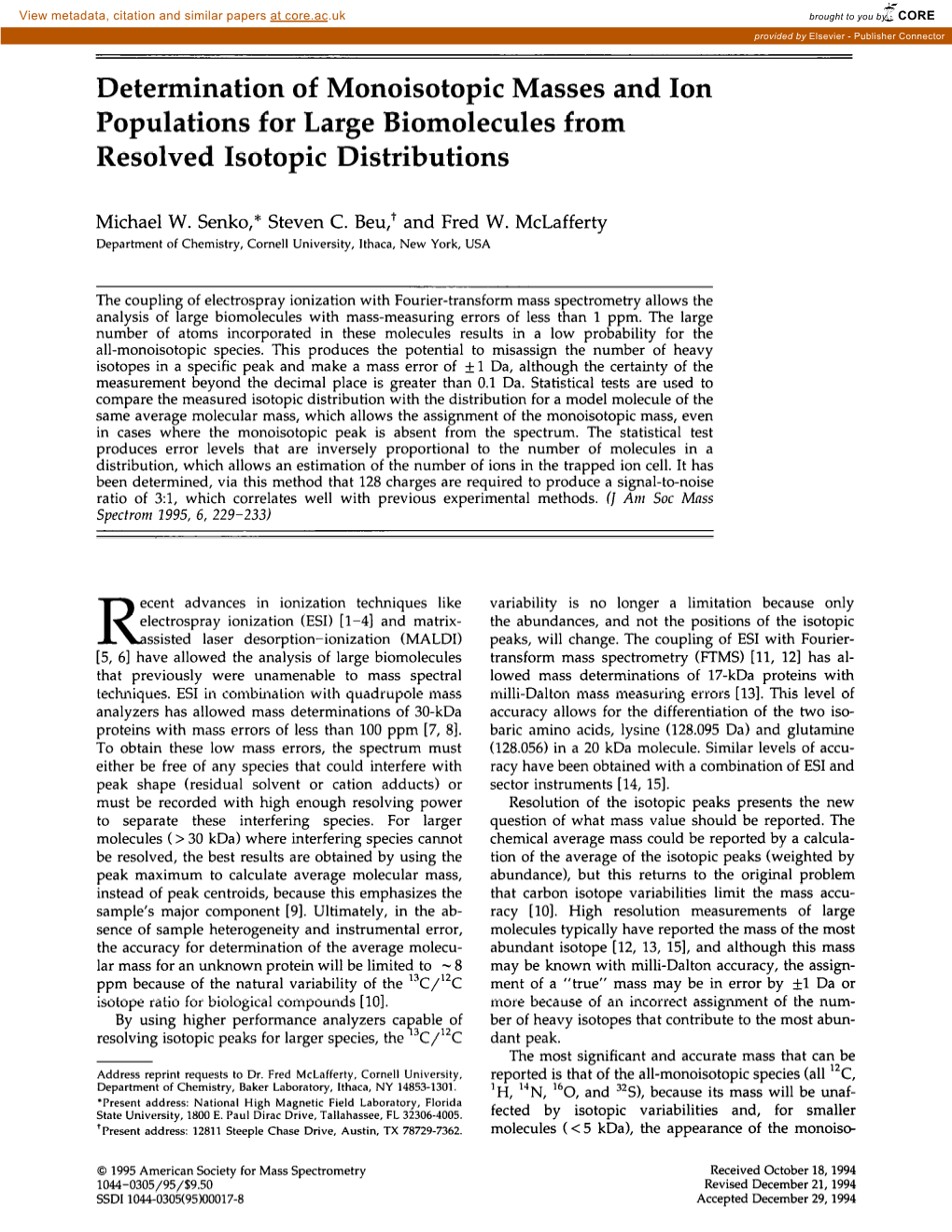 Determination of Monoisotopic Masses and Ion Populations for Large Biomolecules from Resolved Isotopic Distributions