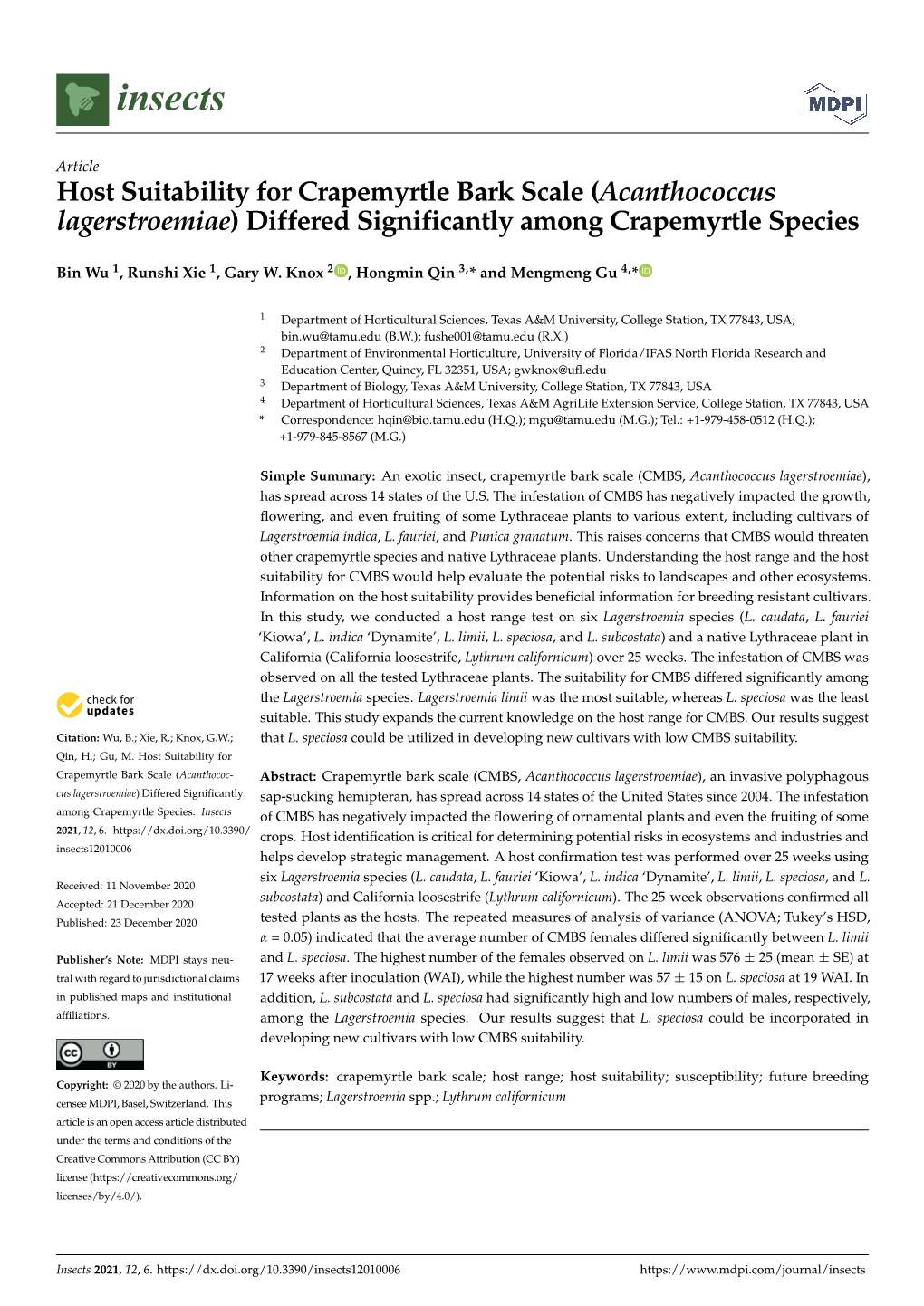 Host Suitability for Crapemyrtle Bark Scale (Acanthococcus Lagerstroemiae) Differed Significantly Among Crapemyrtle Species