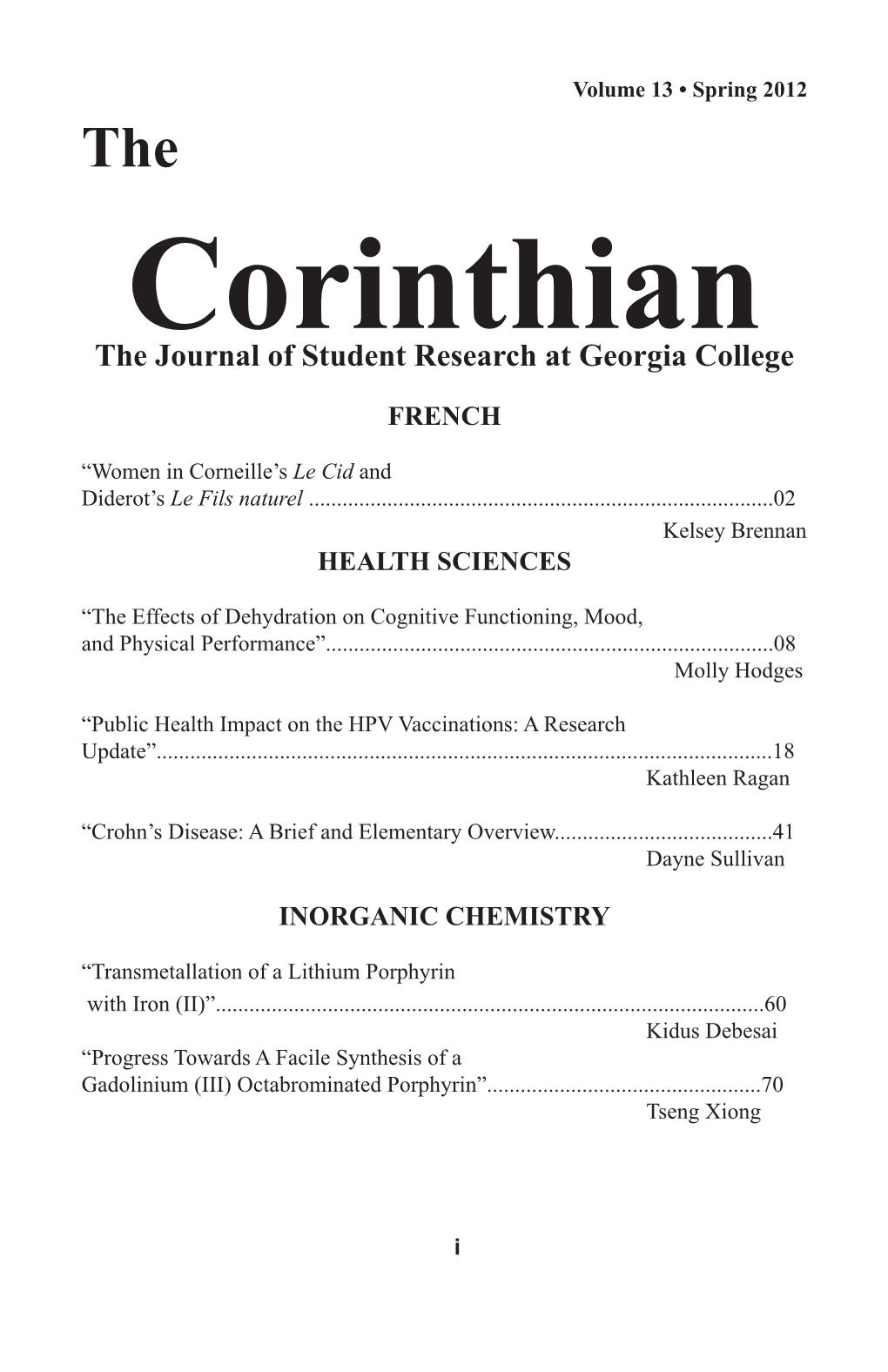 Corinthian the Journal of Student Research at Georgia College