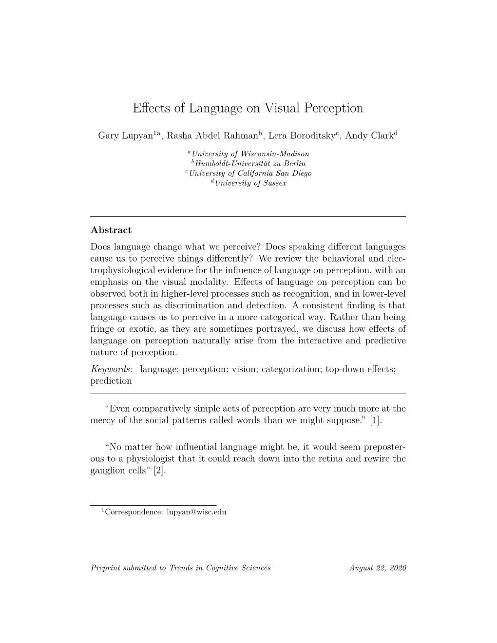 Effects of Language on Visual Perception