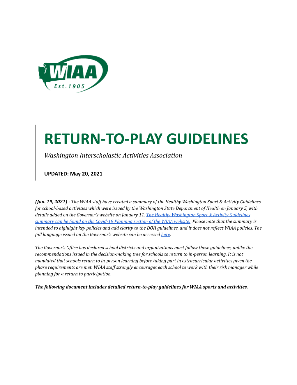 Sport-Specific Return to Play Guidelines