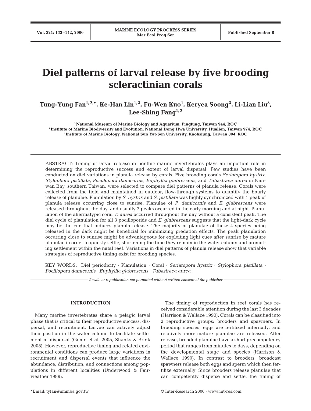 Diel Patterns of Larval Release by Five Brooding Scleractinian Corals