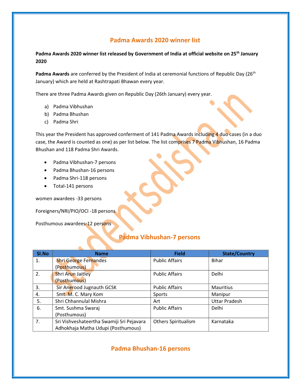 Padma Awards 2020 Winner List Padma Vibhushan-7 Persons