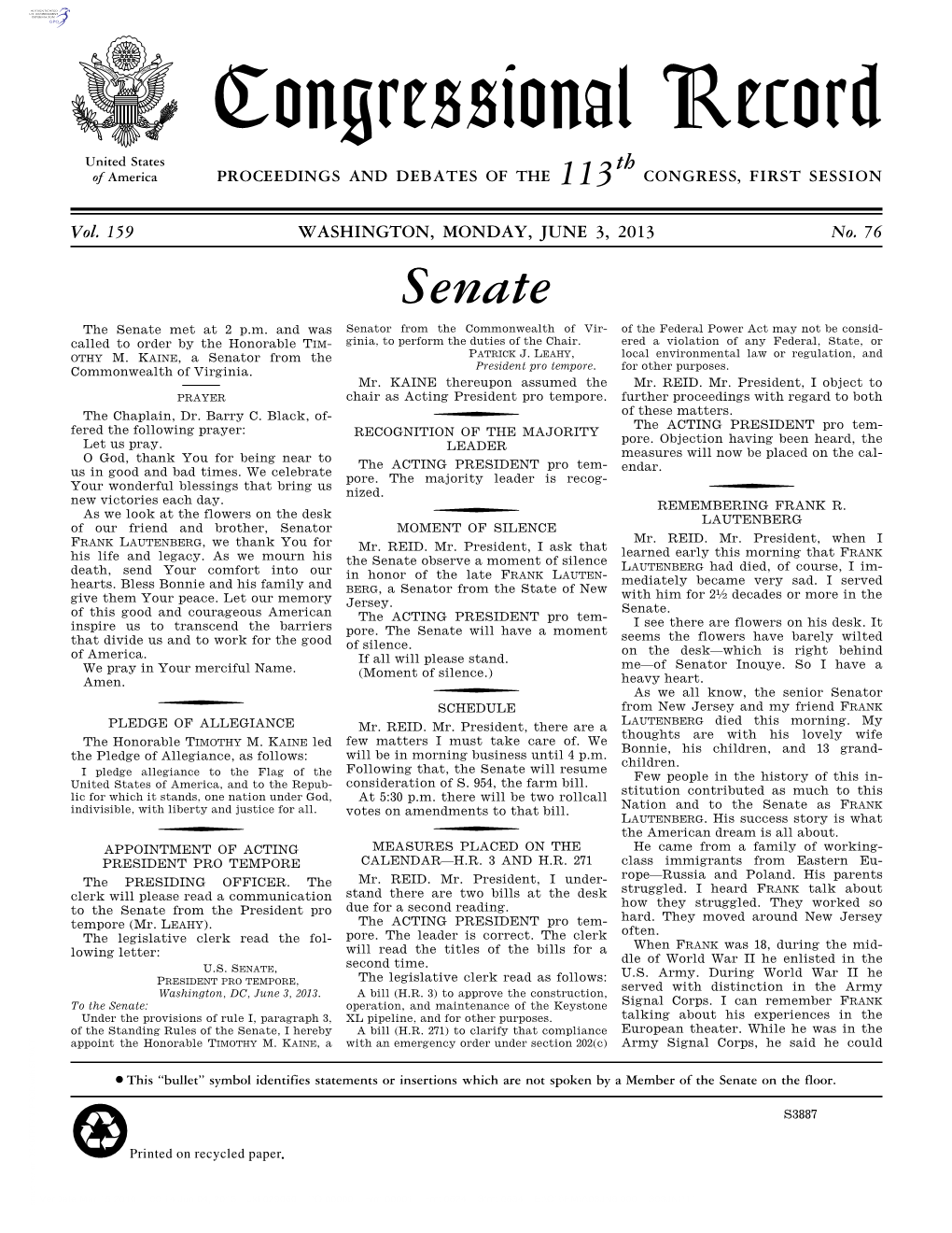 Congressional Record United States Th of America PROCEEDINGS and DEBATES of the 113 CONGRESS, FIRST SESSION