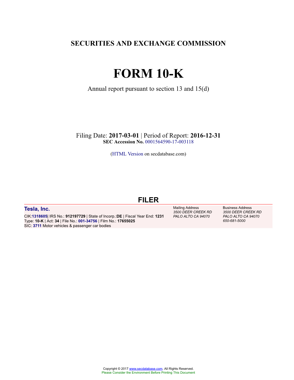 Tesla, Inc. Form 10-K Annual Report Filed 2017-03-01