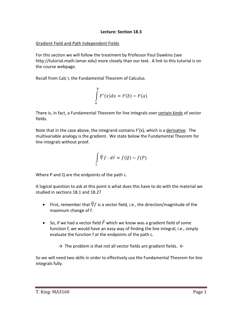 T. King: MA3160 Page 1 Lecture: Section 18.3 Gradient Field And