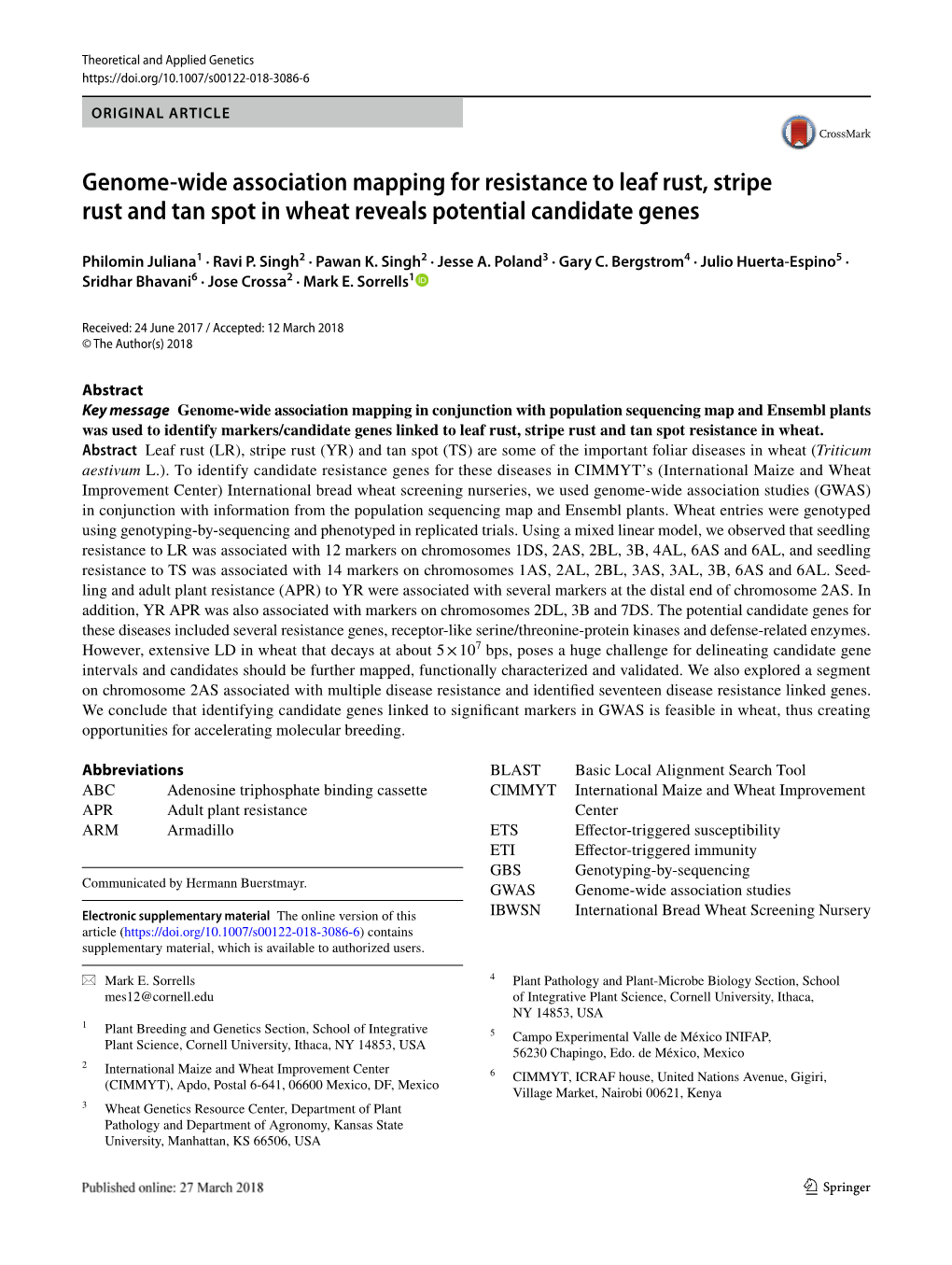 Genome-Wide Association Mapping for Resistance to Leaf Rust, Stripe Rust