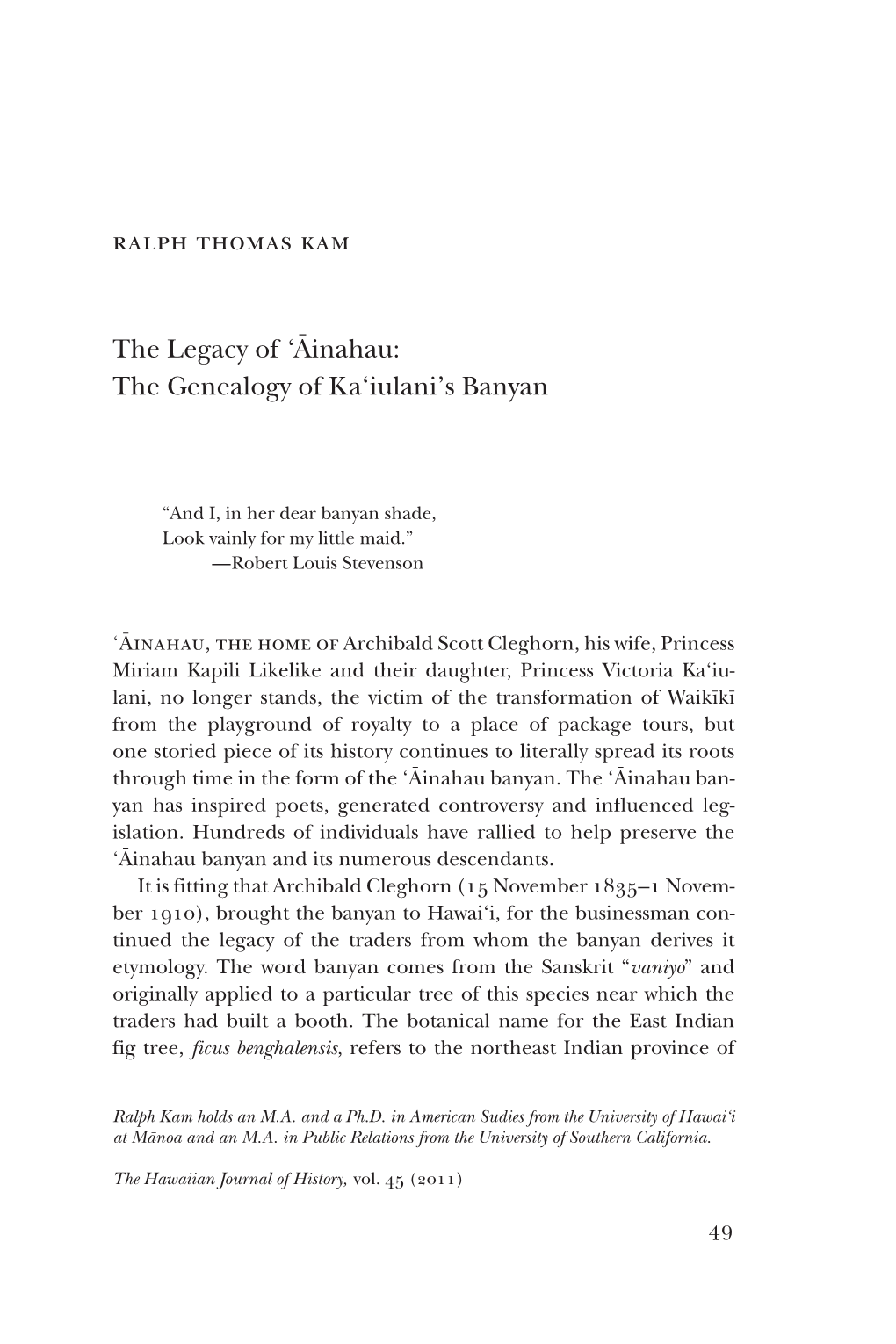'Āinahau: the Genealogy of Ka'iulani's Banyan