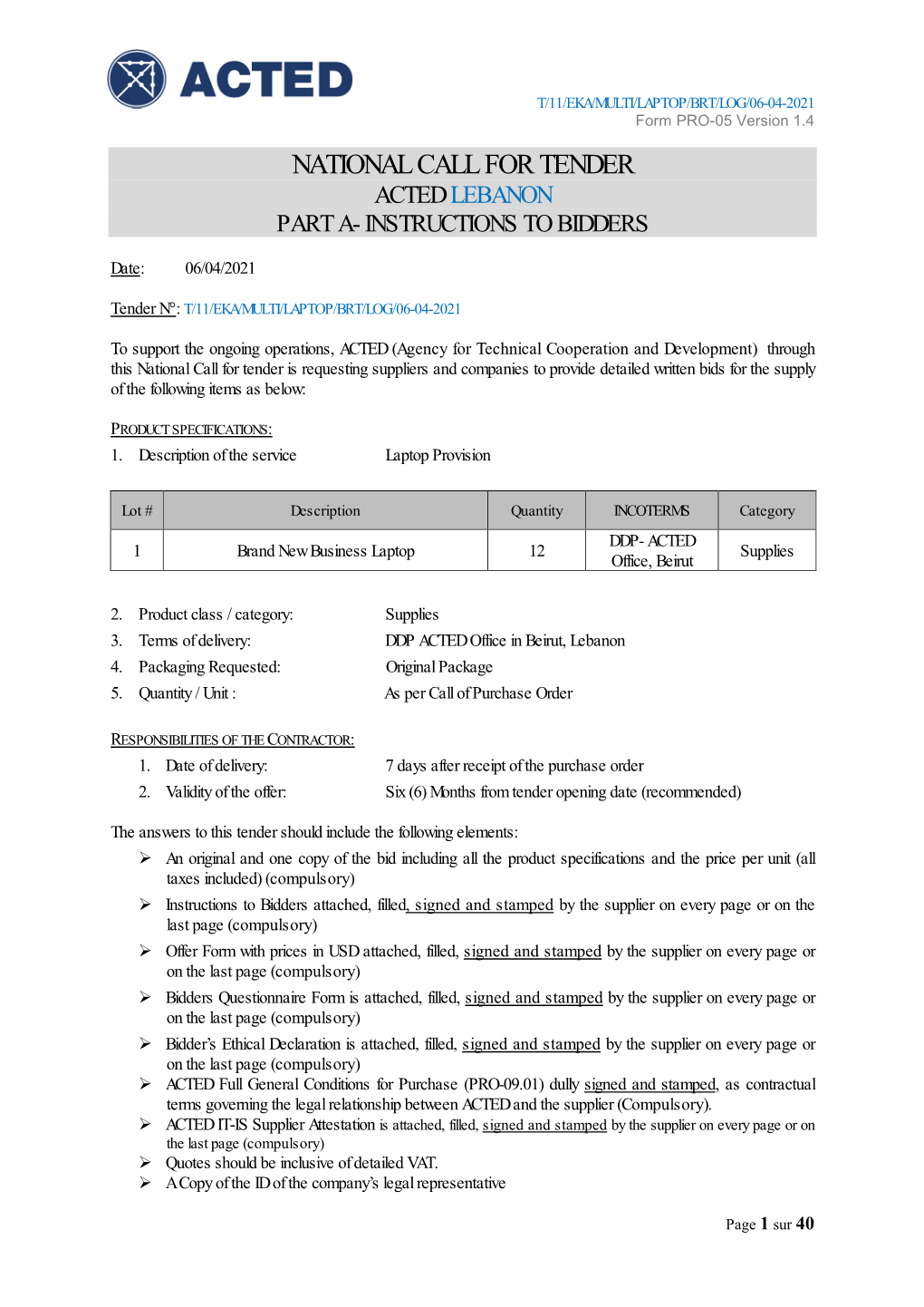 National Call for Tender Acted Lebanon Part A- Instructions to Bidders