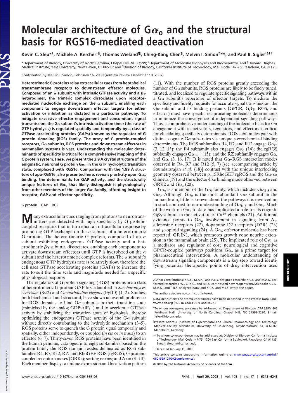 Molecular Architecture of G O and the Structural Basis for RGS16