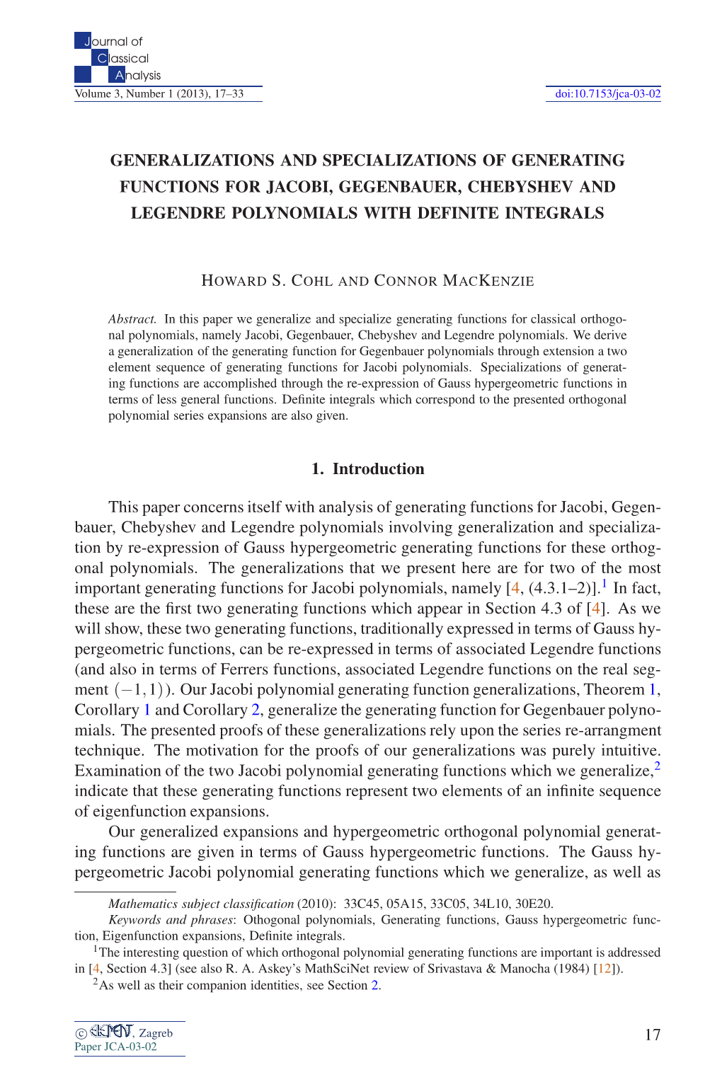 Generalizations and Specializations of Generating Functions for Jacobi, Gegenbauer, Chebyshev and Legendre Polynomials with Definite Integrals