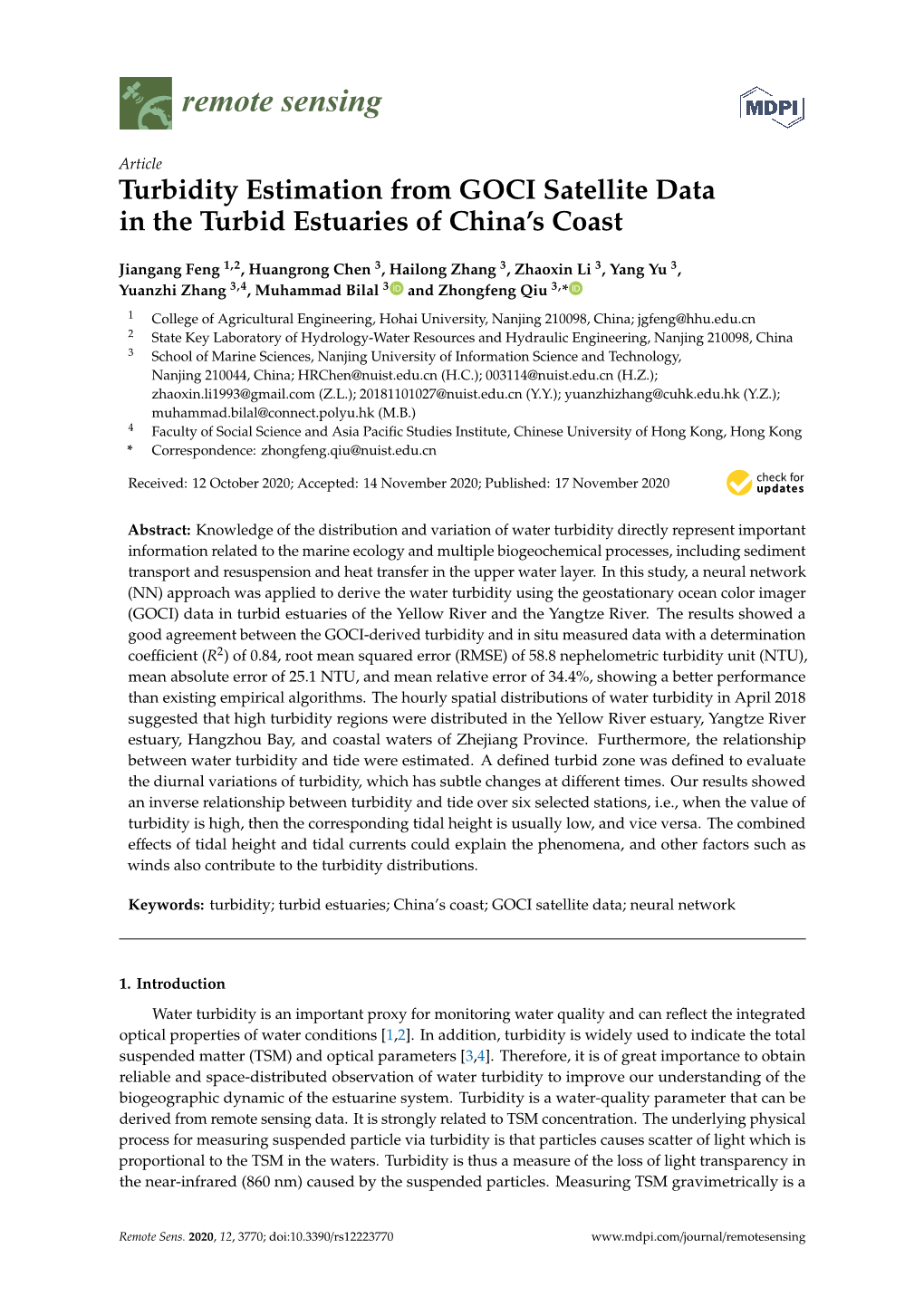 Turbidity Estimation from GOCI Satellite Data in the Turbid Estuaries of China’S Coast