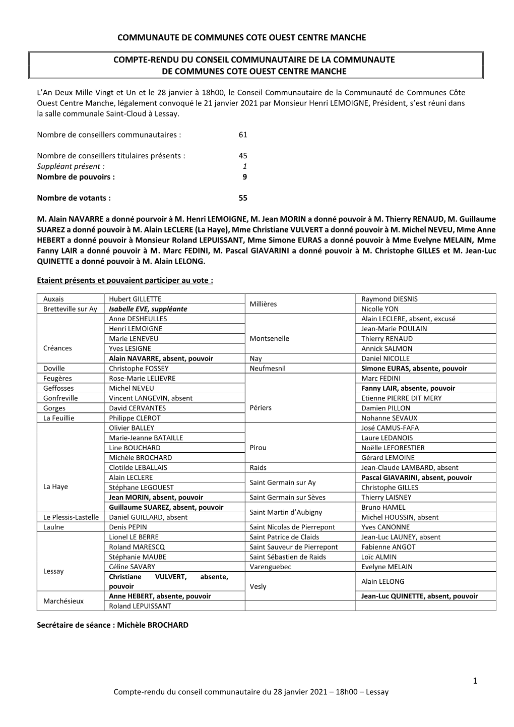 Compte-Rendu Du Conseil Communautaire Du 28 Janvier 2021 – 18H00 – Lessay