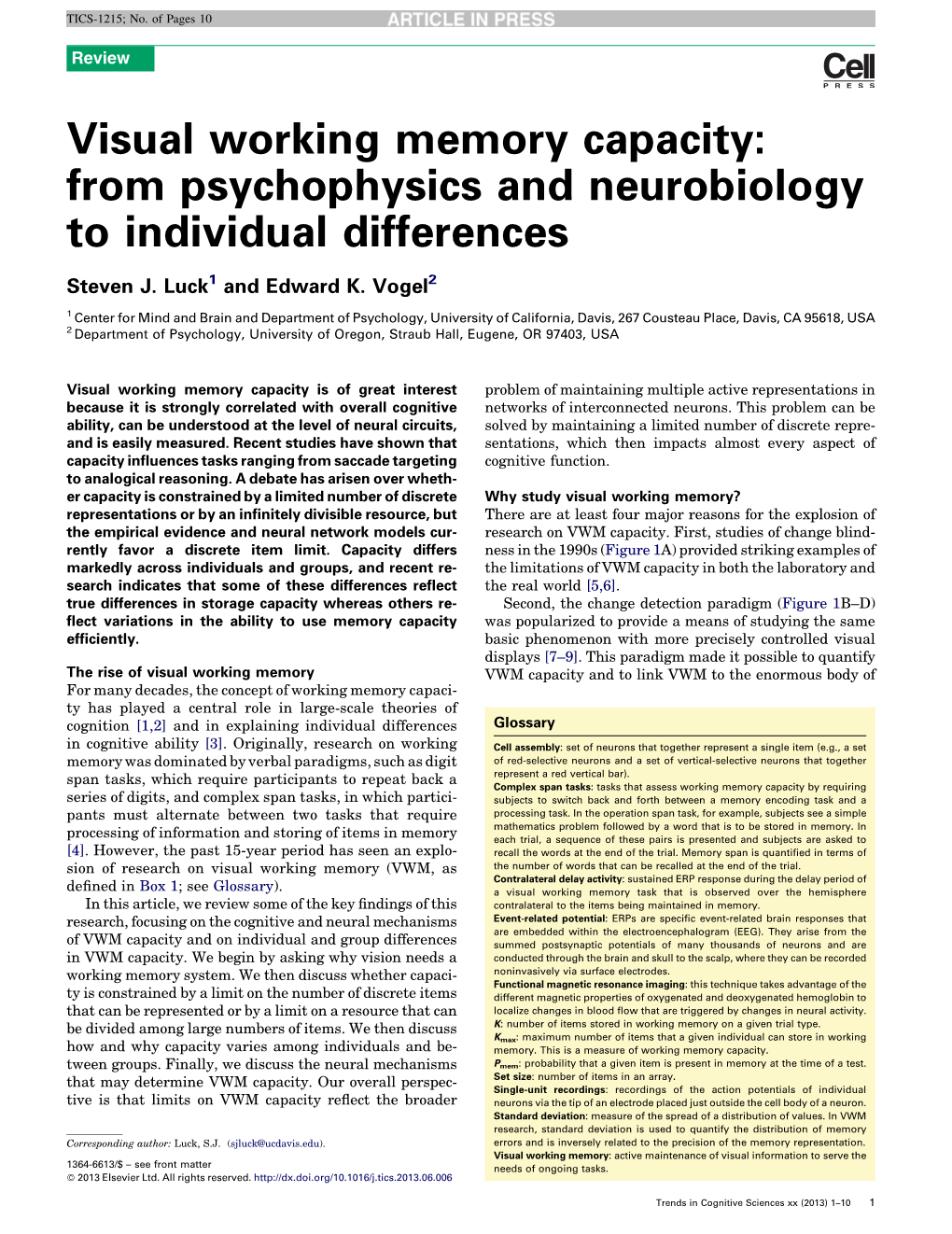 Visual Working Memory Capacity: from Psychophysics and Neurobiology to Individual Differences