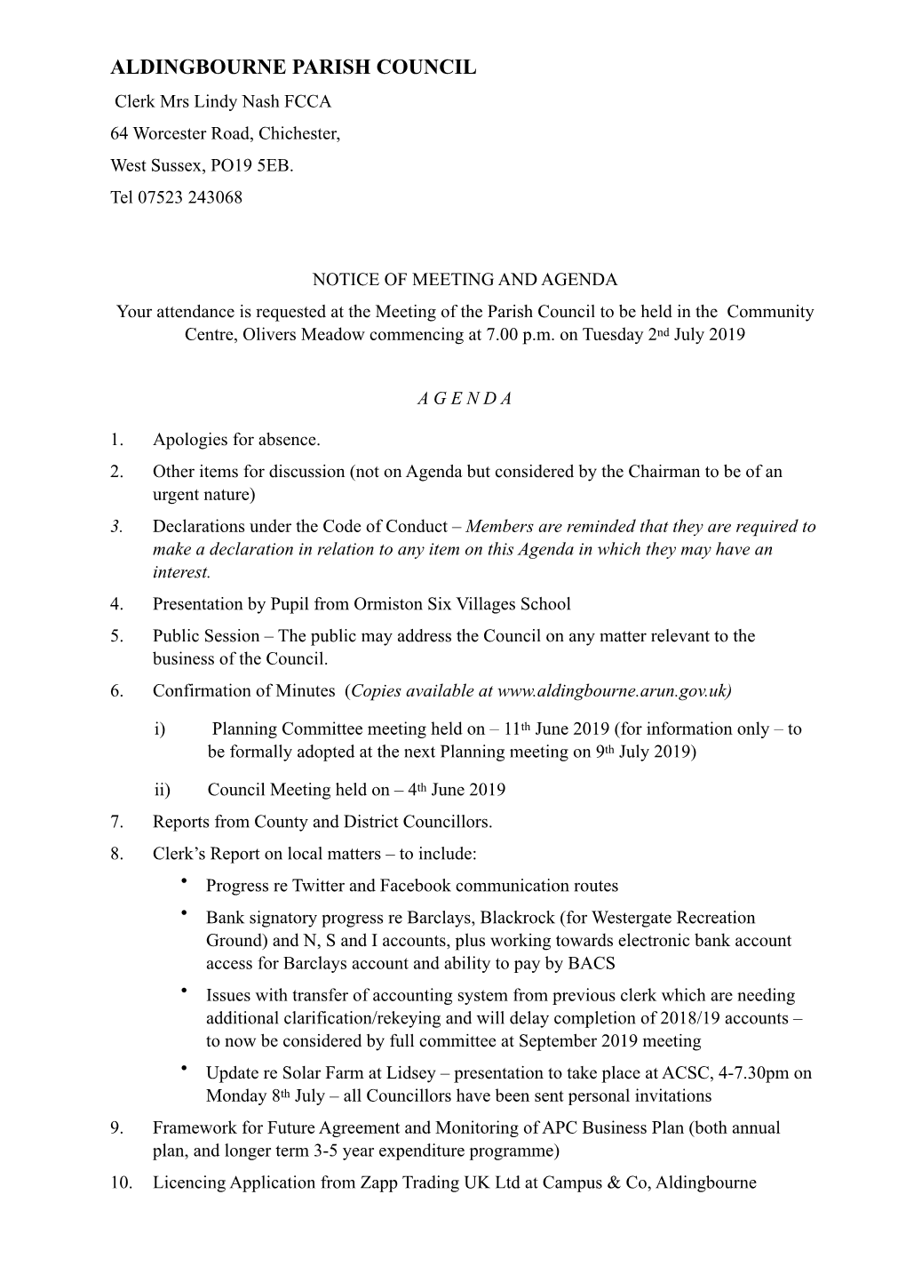 Aldingbourne Parish Council Agenda July 2019