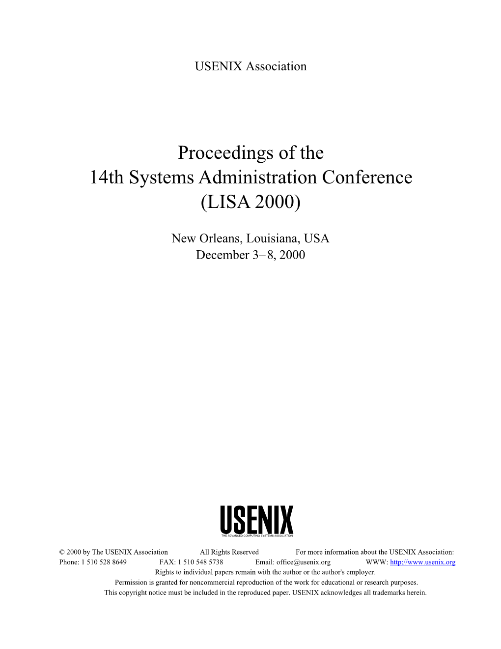 Proceedings of the 14Th Systems Administration Conference (LISA 2000)