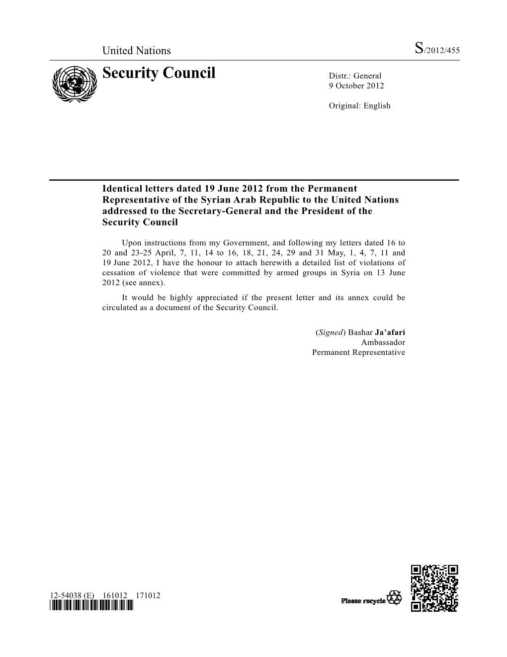 Security Council Distr.: General 9 October 2012