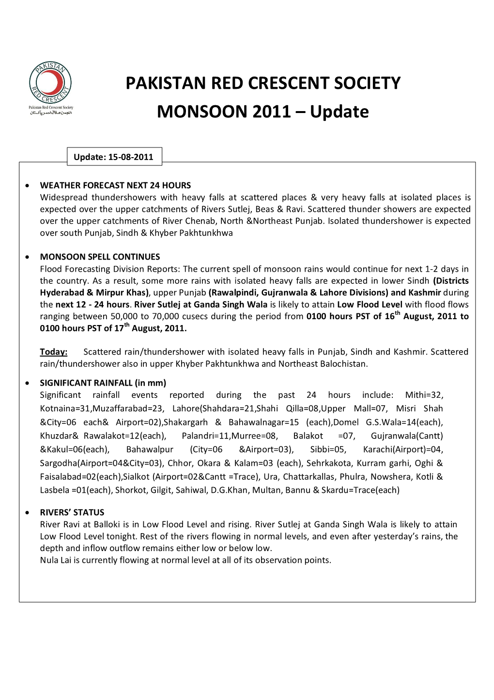 PAKISTAN RED CRESCENT SOCIETY MONSOON 2011 – Update