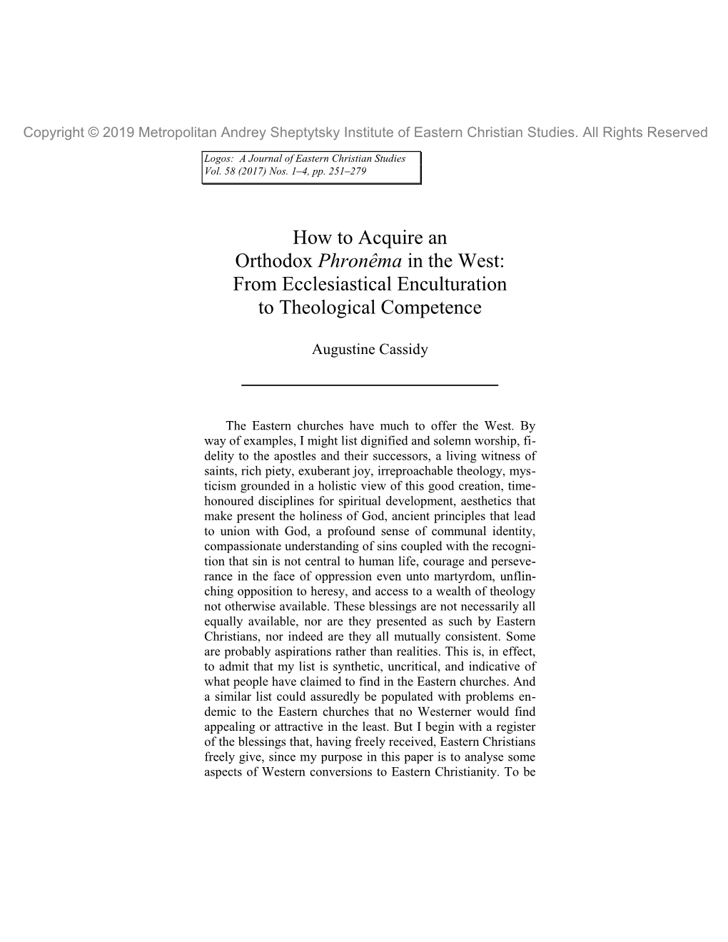 How to Acquire an Orthodox Phronêma in the West: from Ecclesiastical Enculturation to Theological Competence