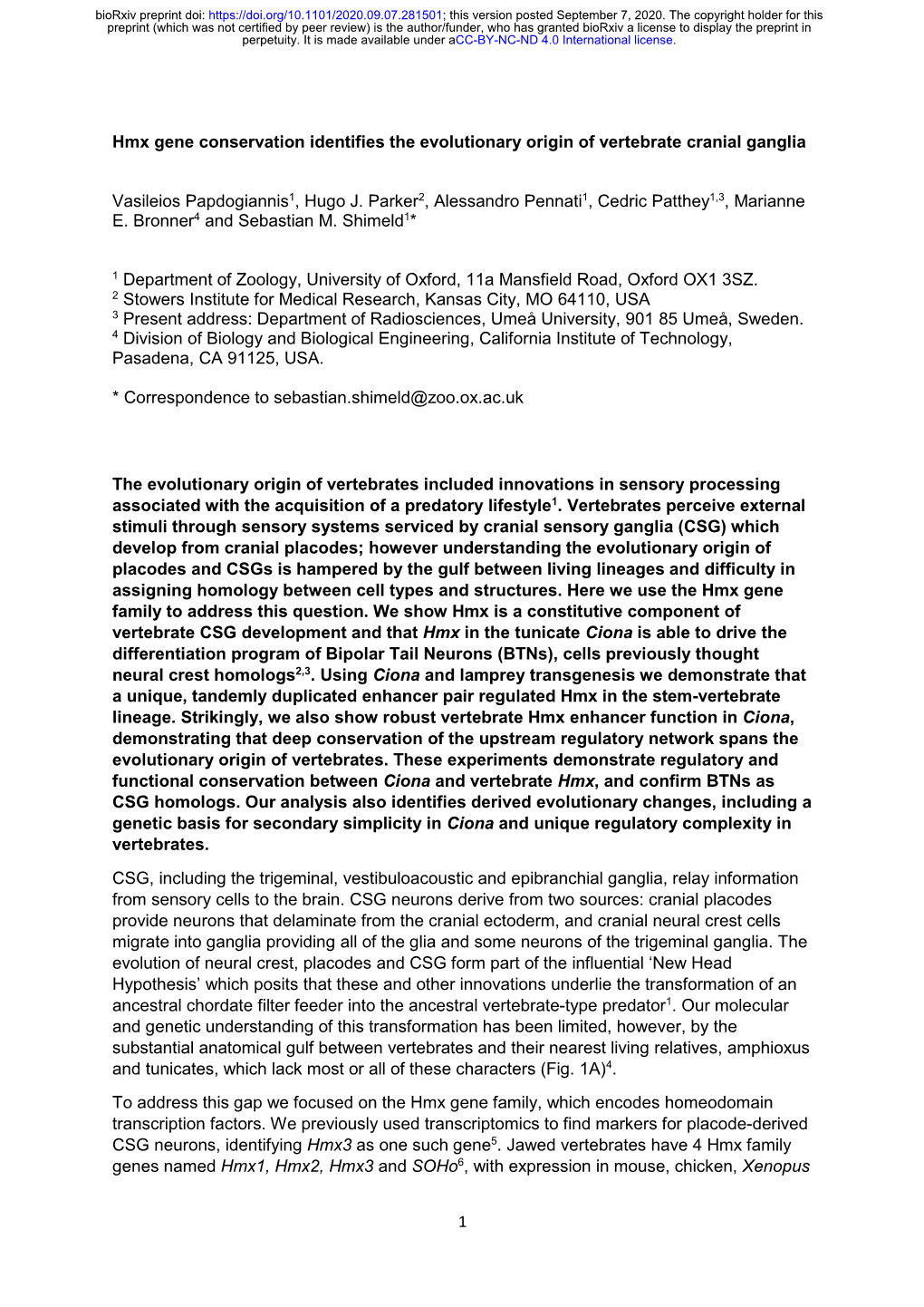 1 Hmx Gene Conservation Identifies the Evolutionary Origin of Vertebrate