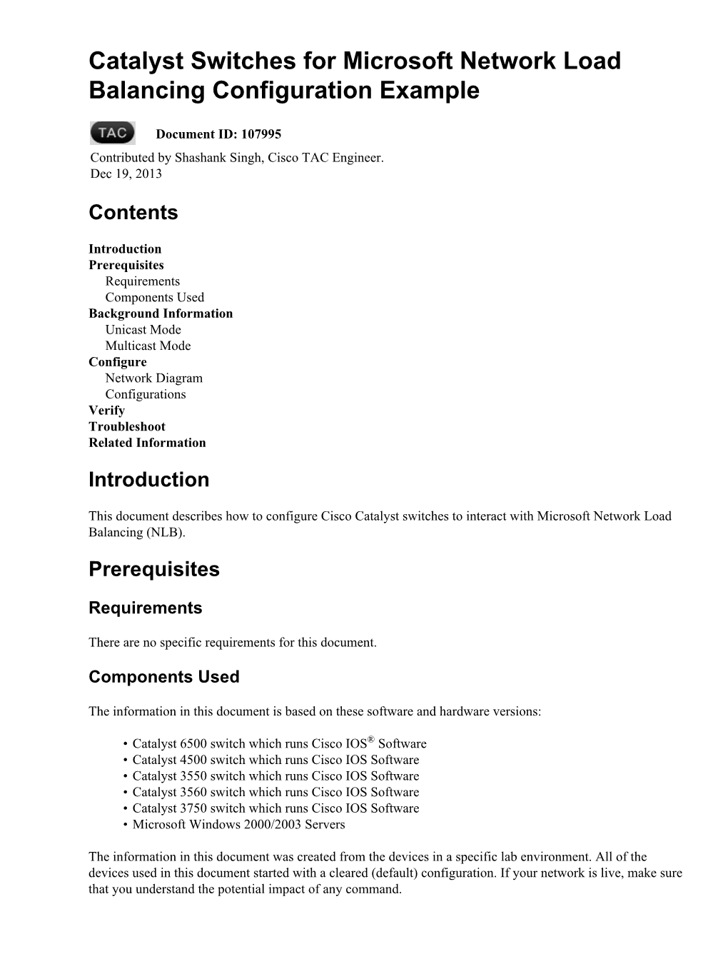 Catalyst Switches for Microsoft Network Load Balancing Configuration Example