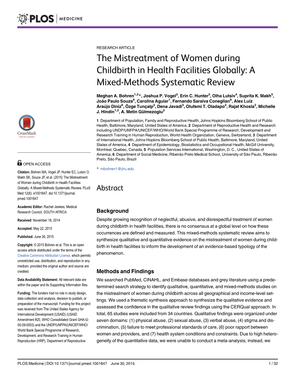 The Mistreatment of Women During Childbirth in Health Facilities Globally: a Mixed-Methods Systematic Review