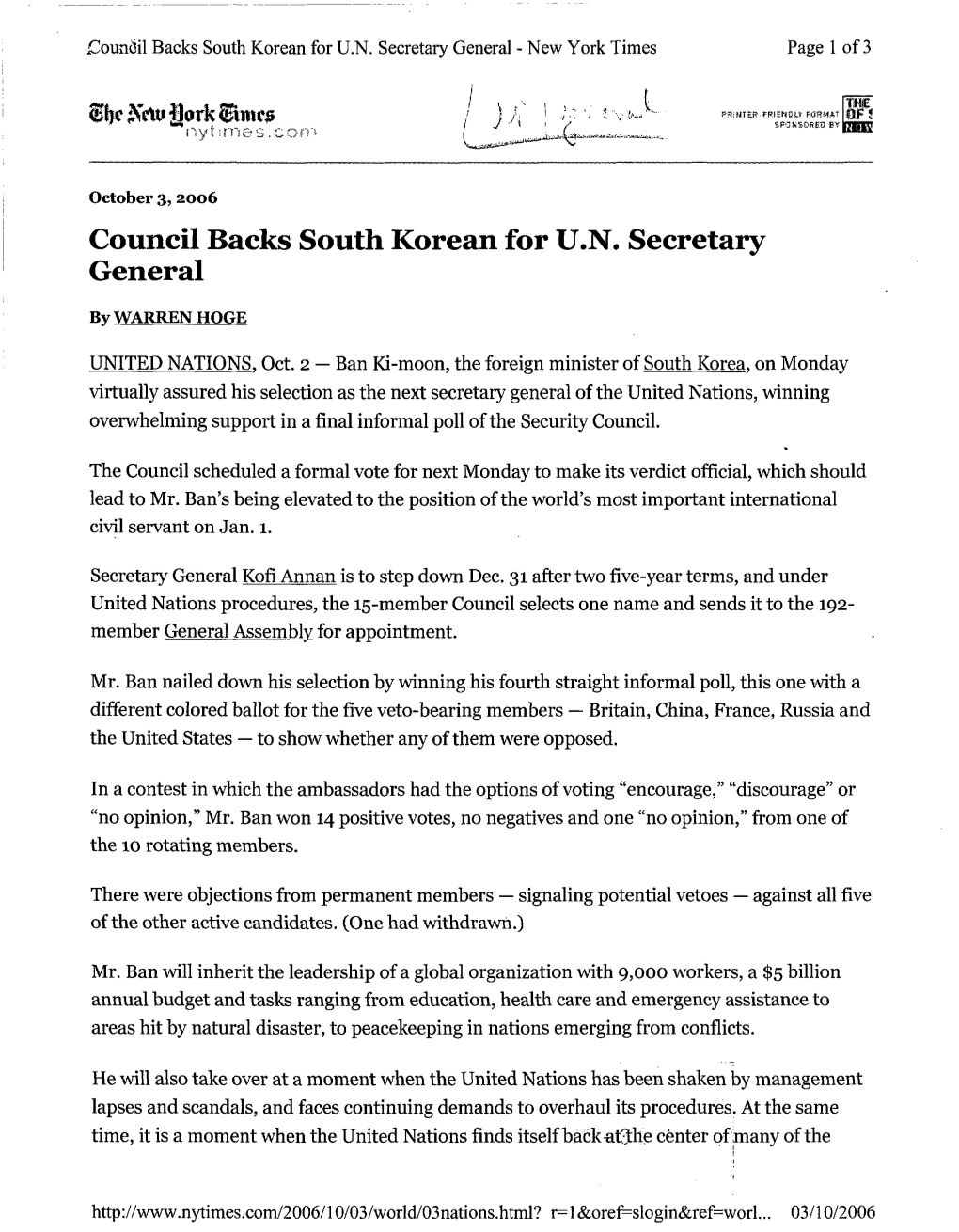 Council Backs South Korean for U.N. Secretary General - New York Times Page 1 of 3