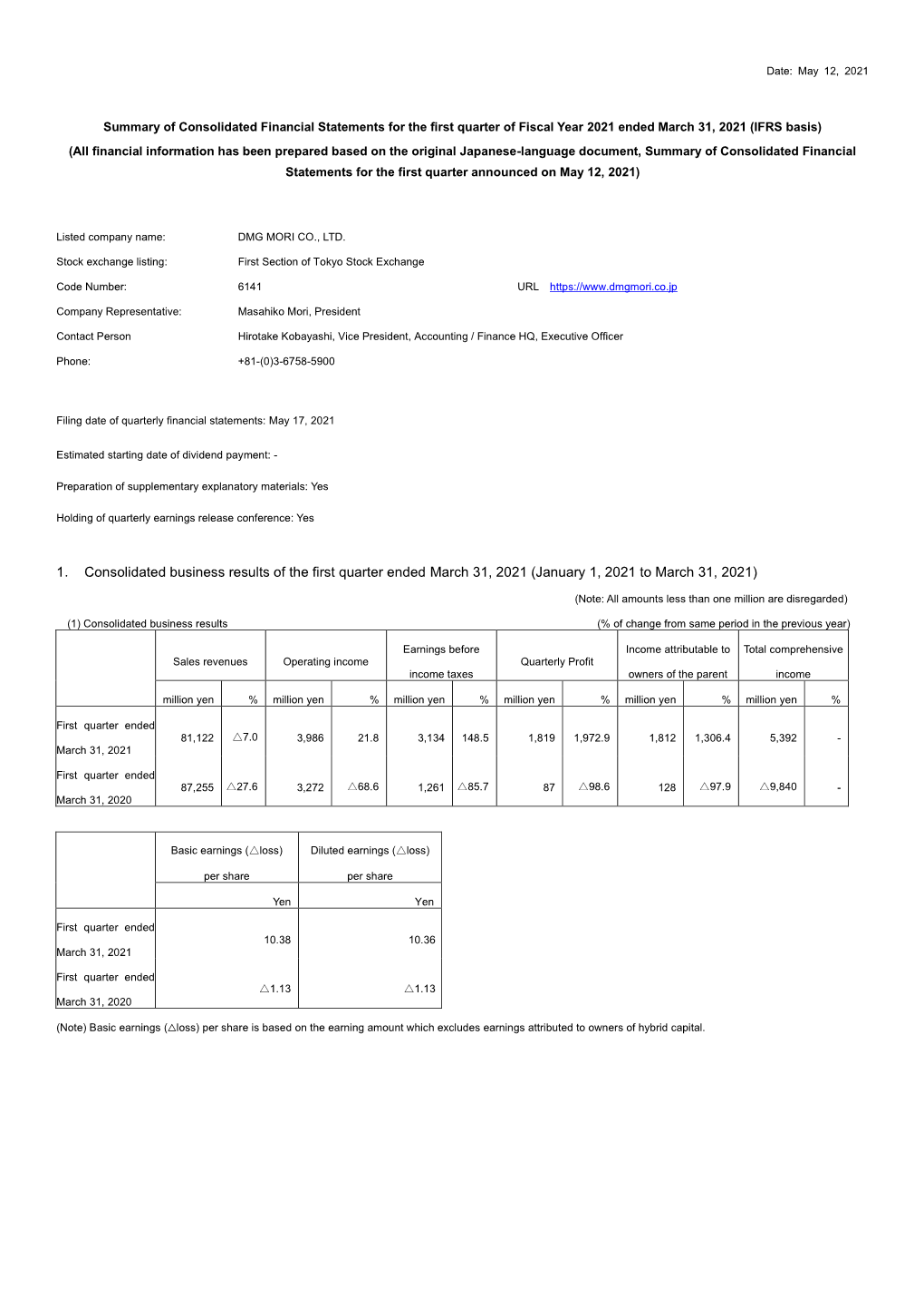 1． Consolidated Business Results of the First Quarter Ended March 31, 2021 (January 1, 2021 to March 31, 2021)