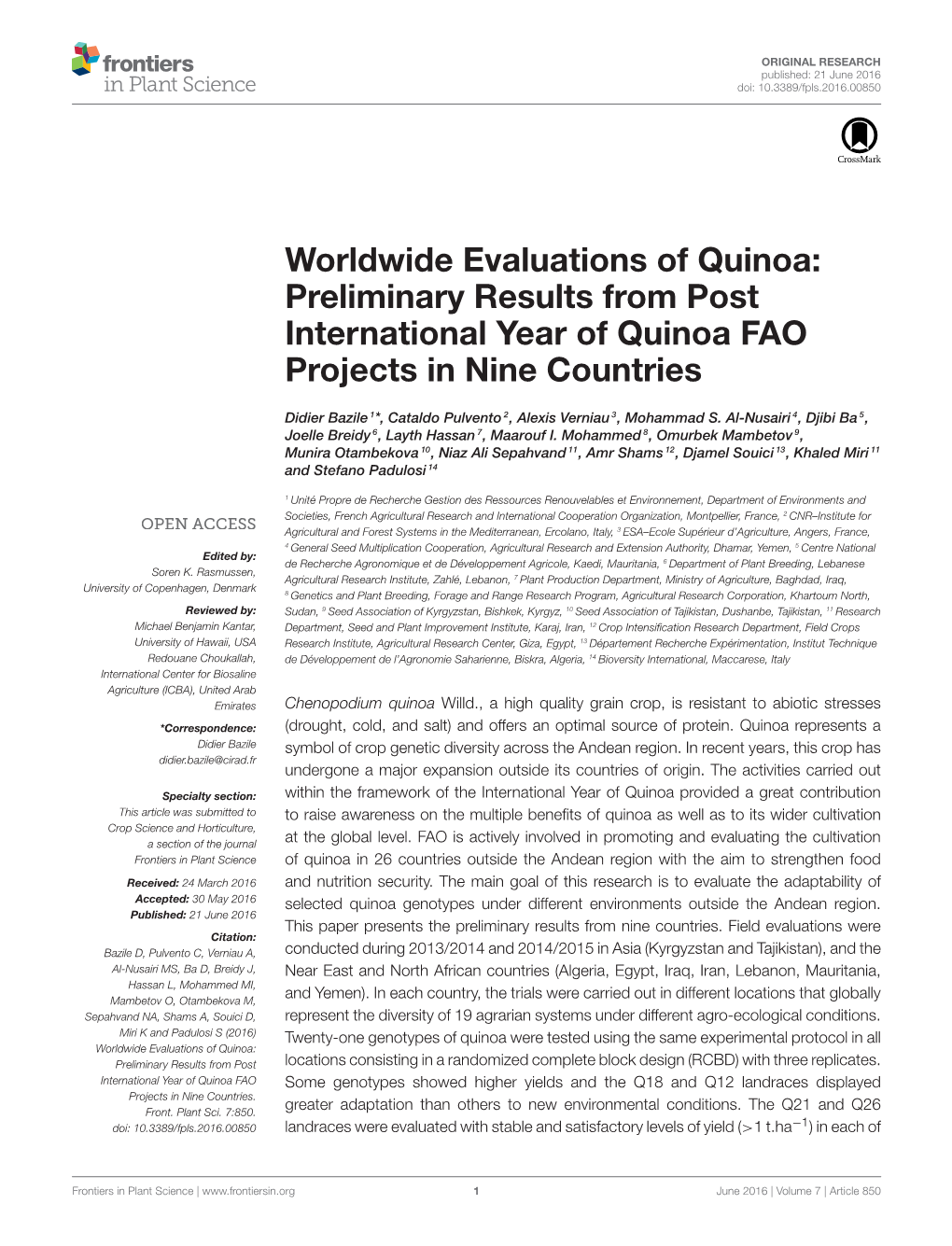 Worldwide Evaluations of Quinoa: Preliminary Results from Post International Year of Quinoa FAO Projects in Nine Countries