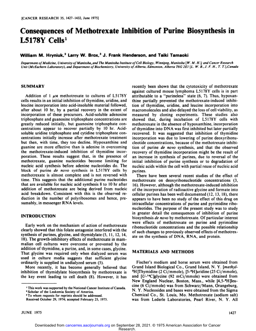 Consequences of Methotrexate Inhibition of Purine Biosynthesis in L5178Y Cells'