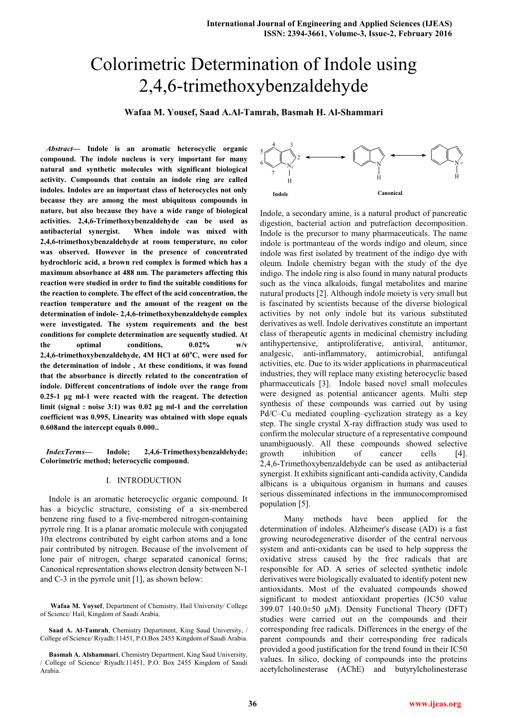 Colorimetric Determination of Indole Using 2,4,6-Trimethoxybenzaldehyde