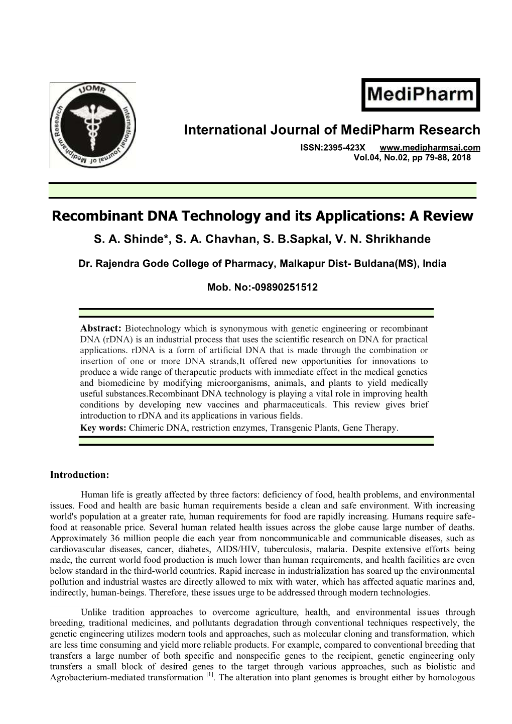 Recombinant DNA Technology and Its Applications: a Review S