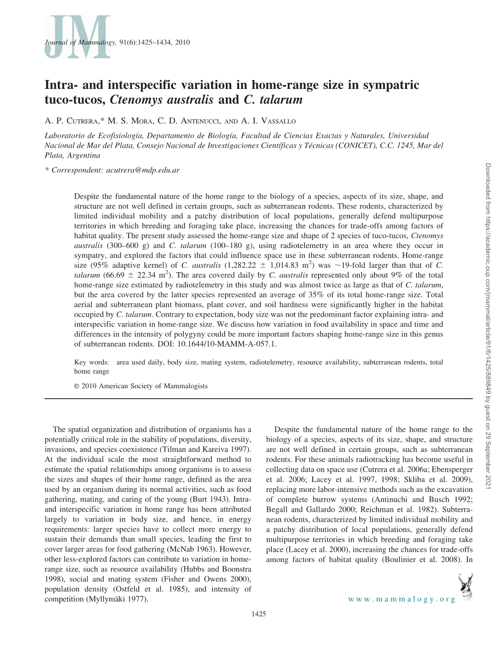 Intra- and Interspecific Variation in Home-Range Size in Sympatric Tuco-Tucos, Ctenomys Australis and C