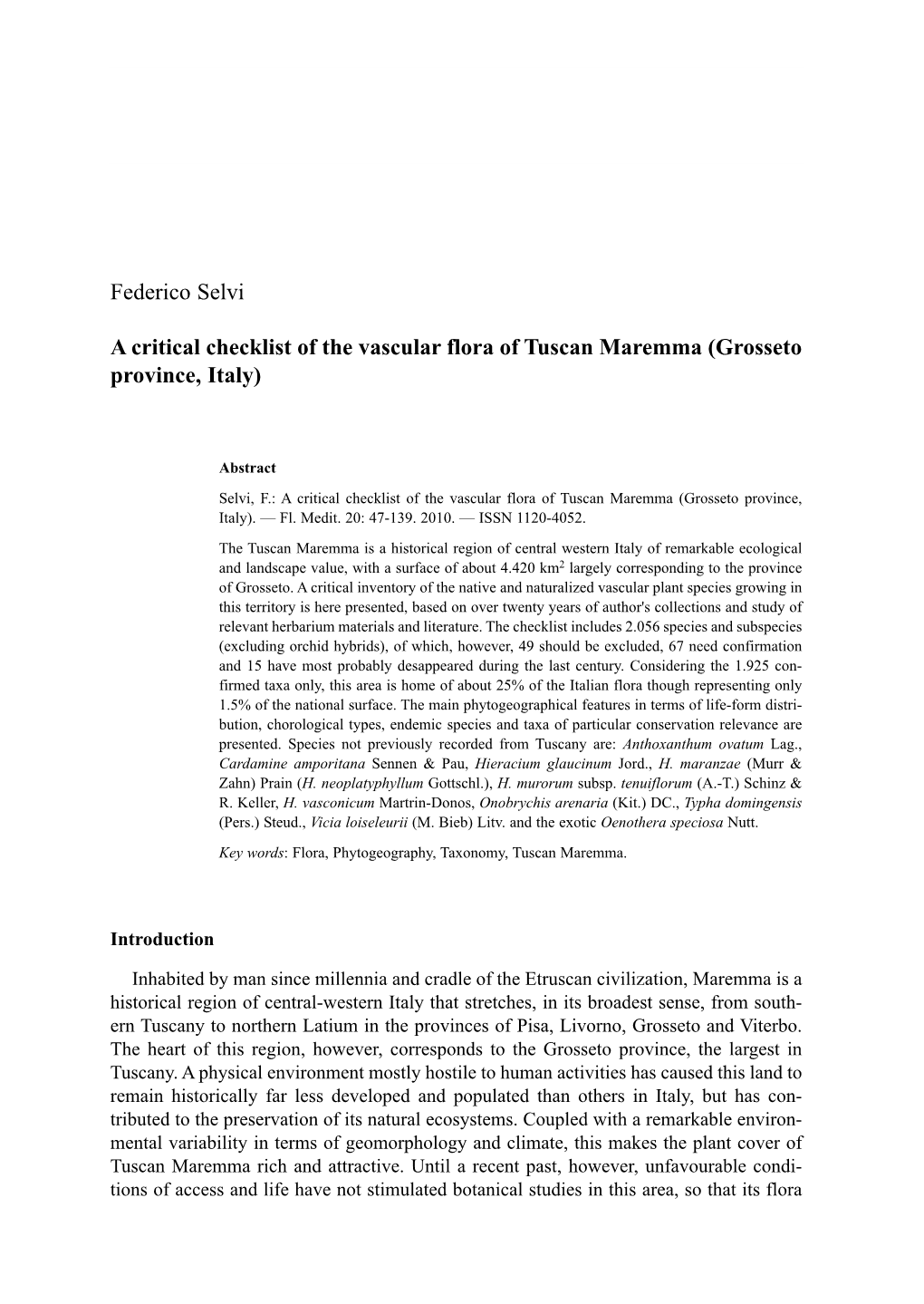 Federico Selvi a Critical Checklist of the Vascular Flora of Tuscan Maremma
