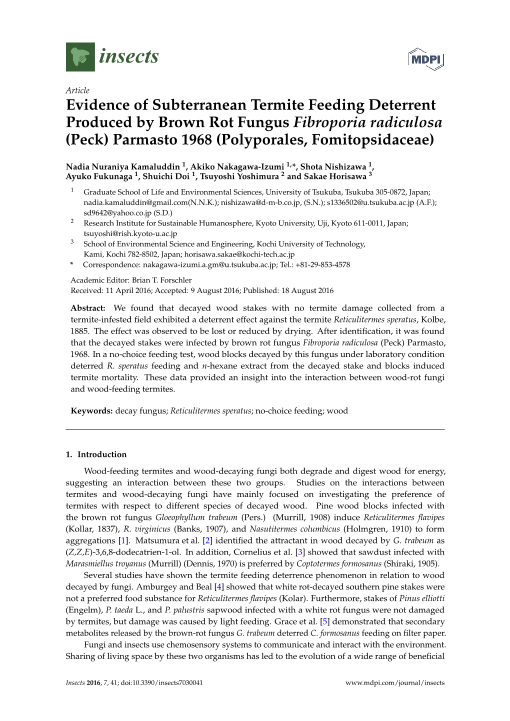 Evidence of Subterranean Termite Feeding Deterrent Produced by Brown Rot Fungus Fibroporia Radiculosa (Peck) Parmasto 1968 (Polyporales, Fomitopsidaceae)