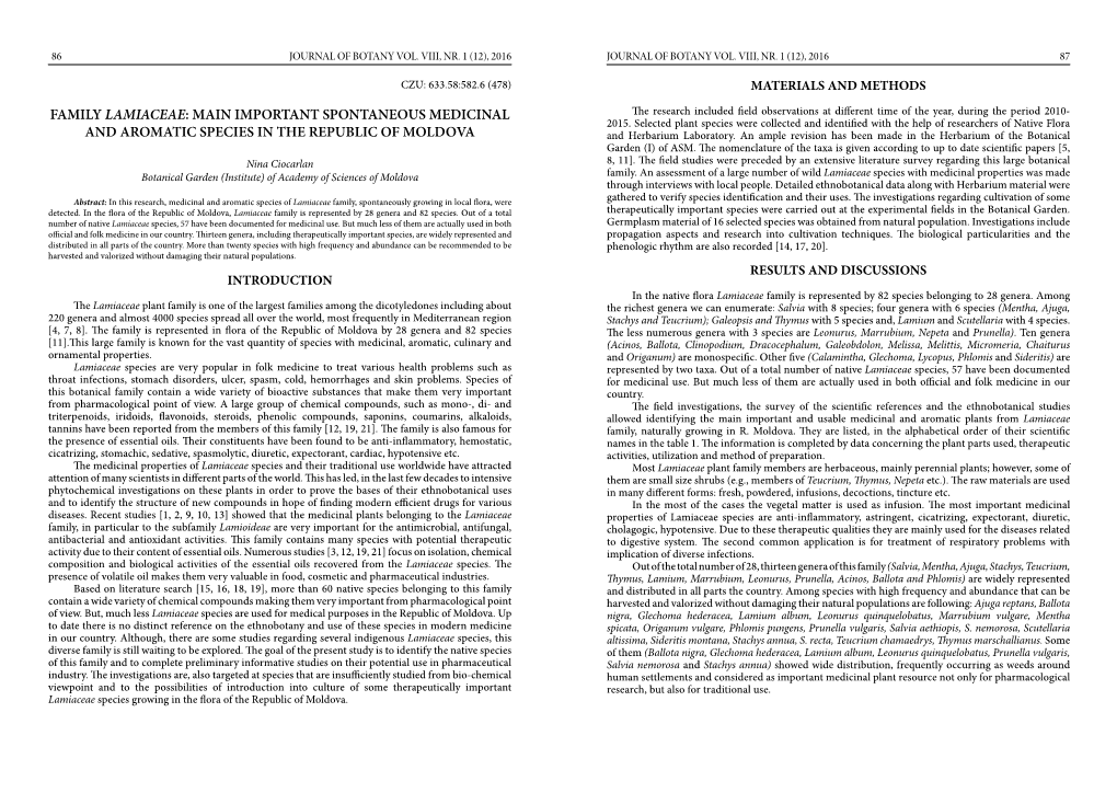 FAMILY LAMIACEAE: MAIN IMPORTANT SPONTANEOUS MEDICINAL the Research Included Field Observations at Different Time of the Year, During the Period 2010- 2015